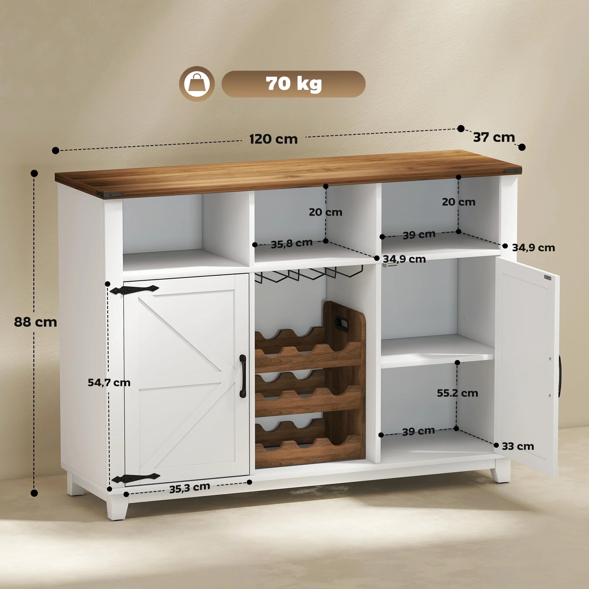 HOMCOM Aparador de Cocina con Botellero, 2 Puertas de Granero, Estantes Ajustables, Soporte para Copas para 9 Botellas, 120x37x88 cm Blanco