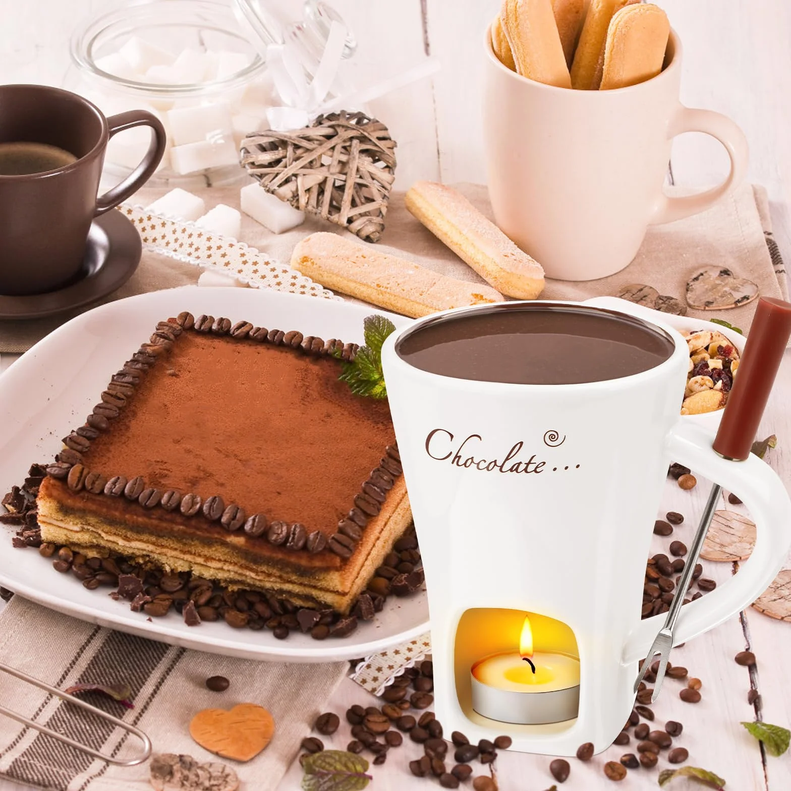 Juego de fondue de chocolate de cerámica 200 ml con tenedor y vela de té