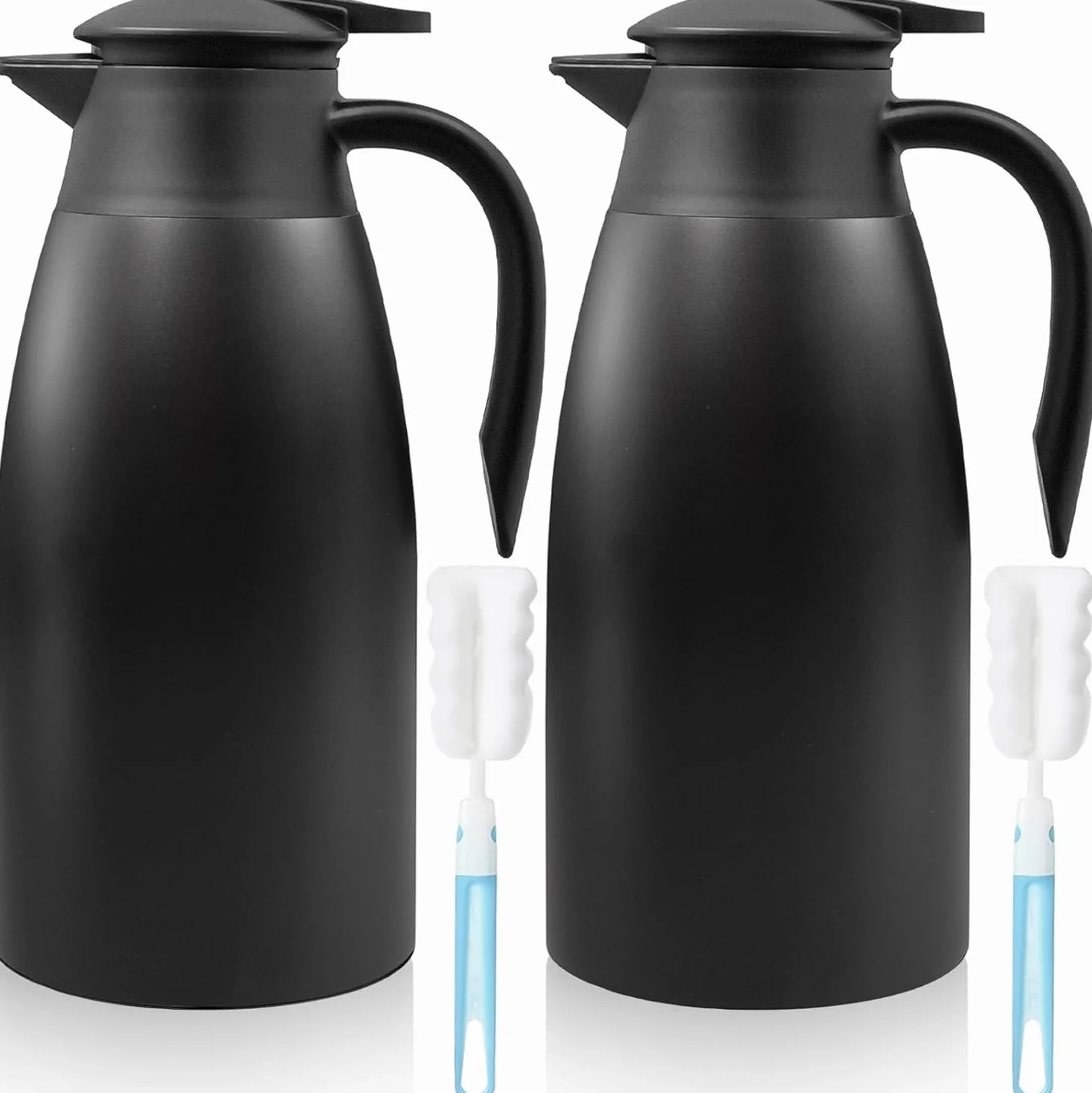 2 jarras térmicas de café de 2 litros aisladas de acero inoxidable para líquidos calientes, dispensador de crema térmica al vacío con cepillos que mantienen el calor 12 horas (negro)