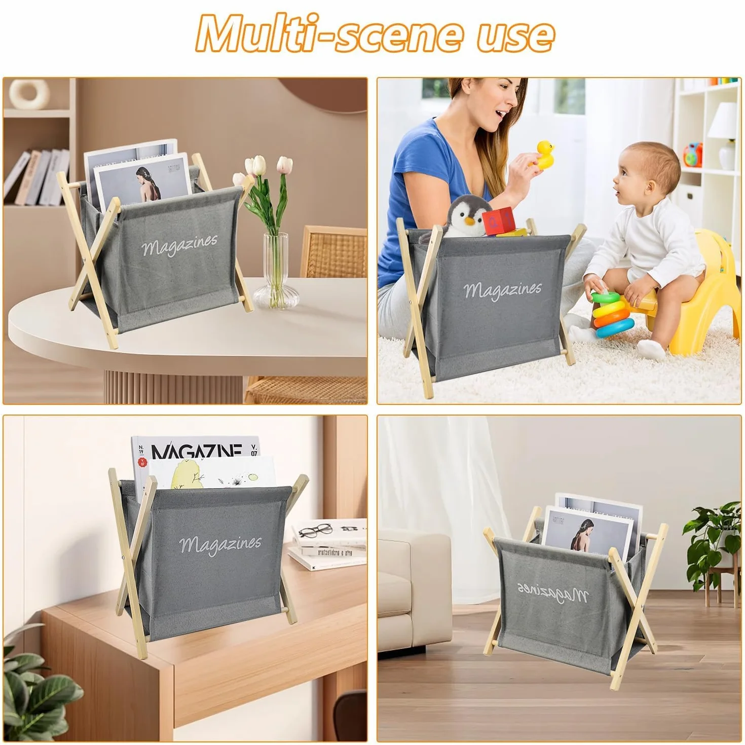 Revistero de Madera Plegable con Tela 30x20x30 cm Gris para Guardar Libros y Periódicos
