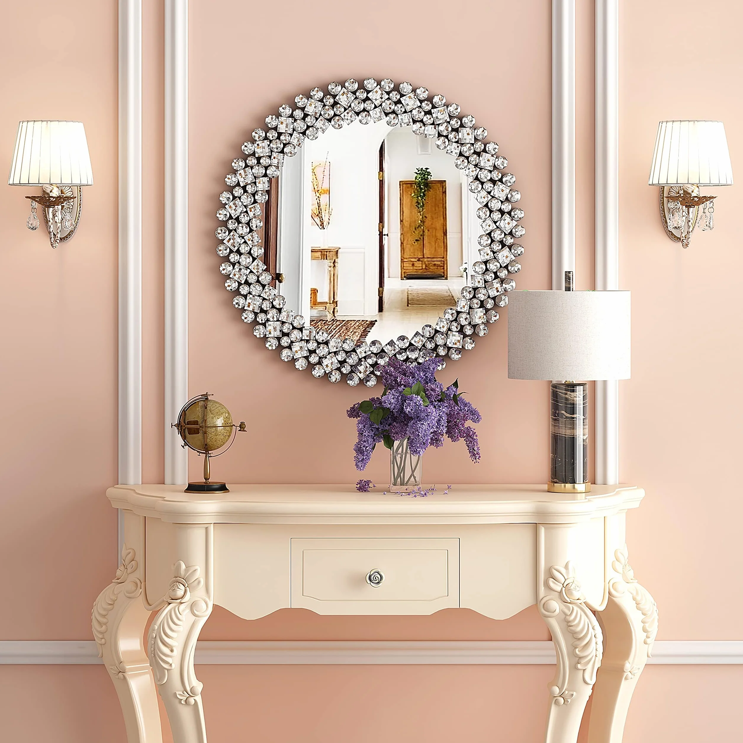 SHYFOY Espejo redondo de pared moderno con borde de joyas de cristal | Espejo redondo de lujo para baño, lavabo, salón, dormitorio, entrada | 60 x 60 cm