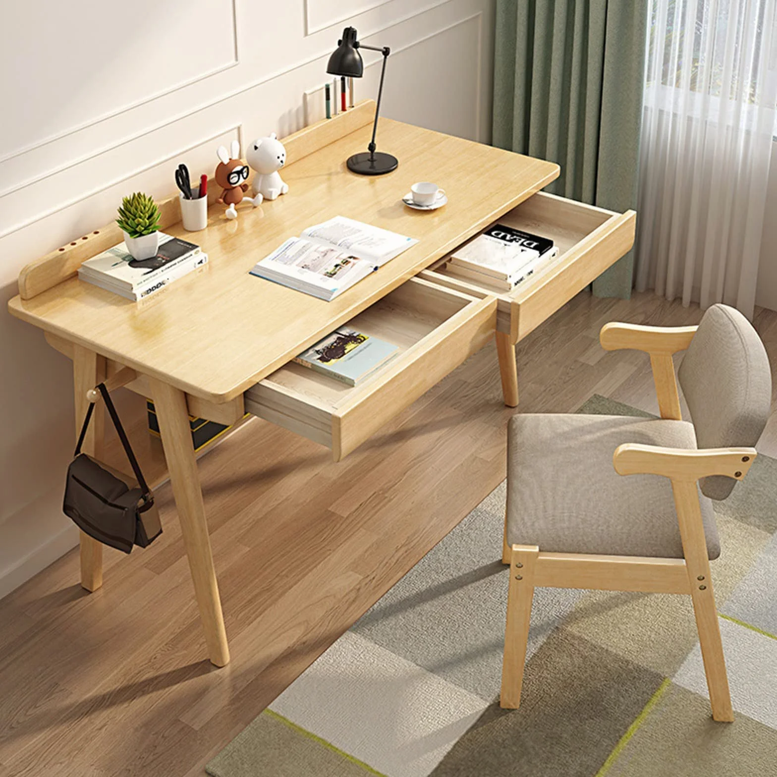 SDdPulse Escritorio de madera maciza, escritorio simple de madera para computadora con cajón, escritorio moderno y duradero para escuela, familia o sala de estudio. Una silla, 140 cm, una silla de 120