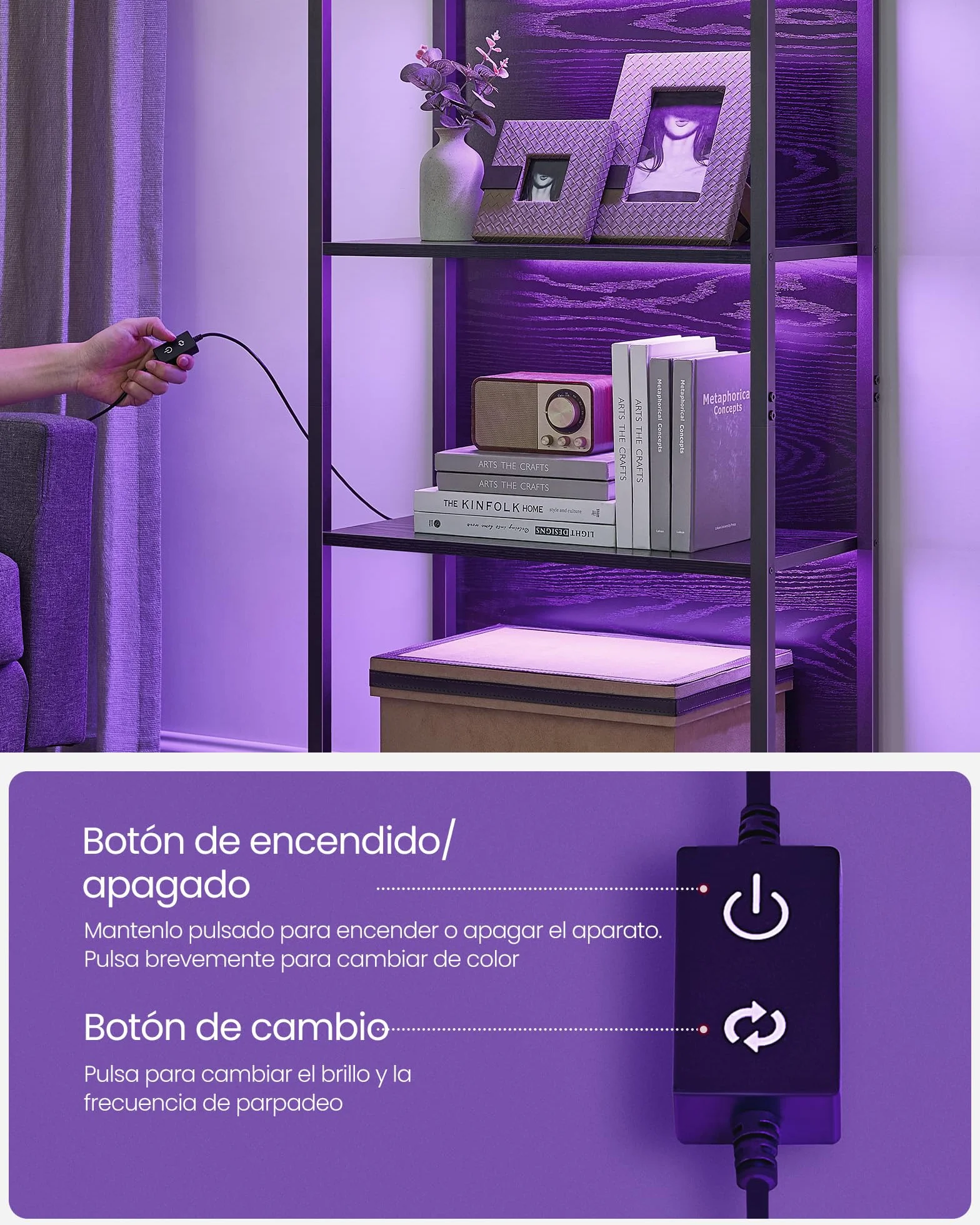VASAGLE Estantería de 6 Niveles con Luz LED, Librería con Luces Ajustables, Marco de Acero, 30,3 x 60 x 178,6 cm, para Sala de Estar, Dormitorio, Oficina, Negro Ébano LLS120B57
