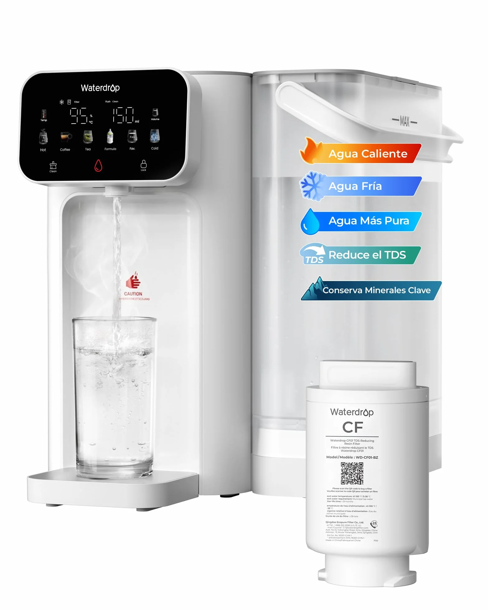 Waterdrop CT01 Fría & Caliente Dispensador de Agua con Filtro, Reduce TDS, Cal, Cloro, Conservar Minerales Importantes, 8 Etapas Filtración con Esterilización UV, Múltiples Temperatura (15-95 °C)