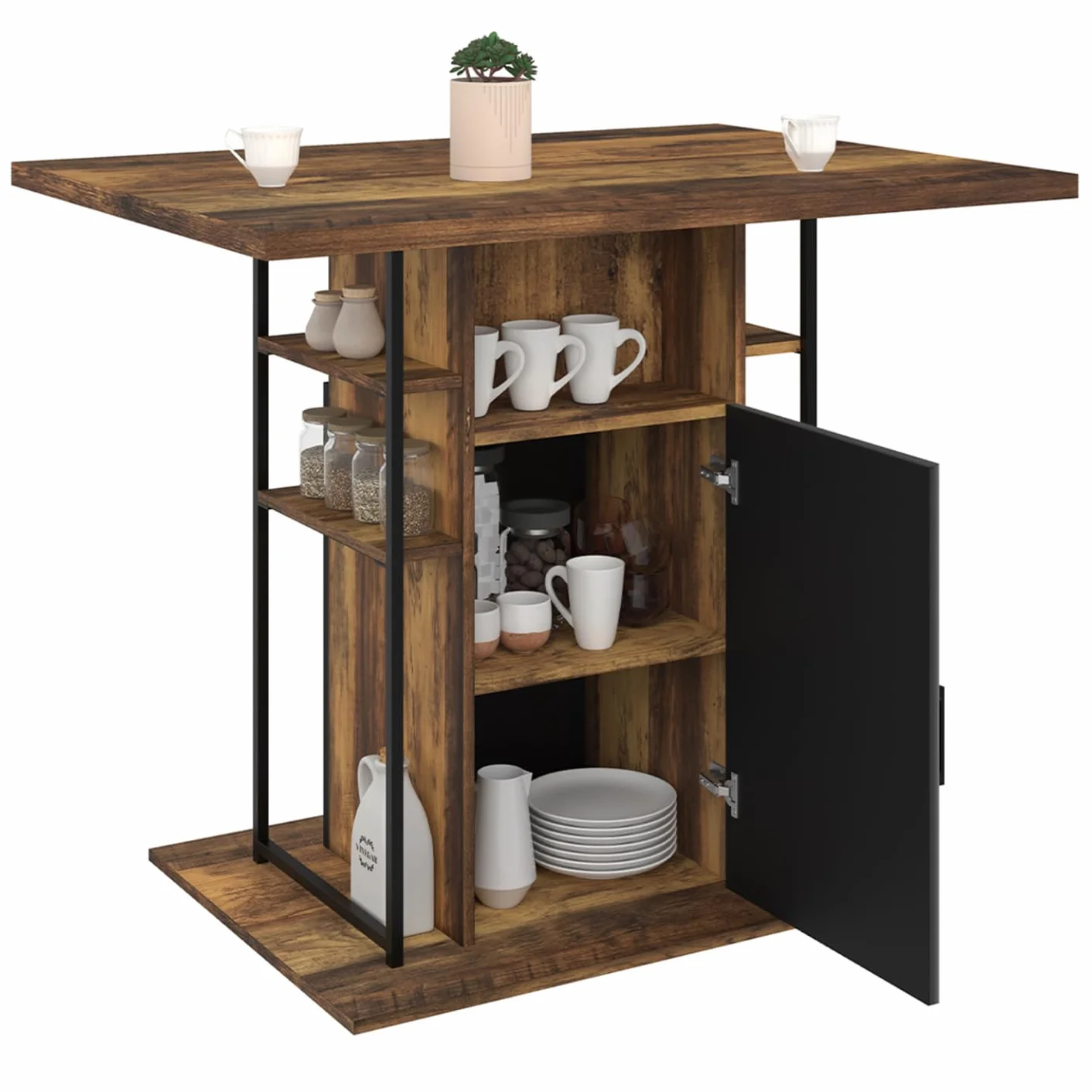 IDMarket – Ilot Central UGO 110 cm madera negra y efecto madera oscura Hawkins con almacenamiento, diseño industrial