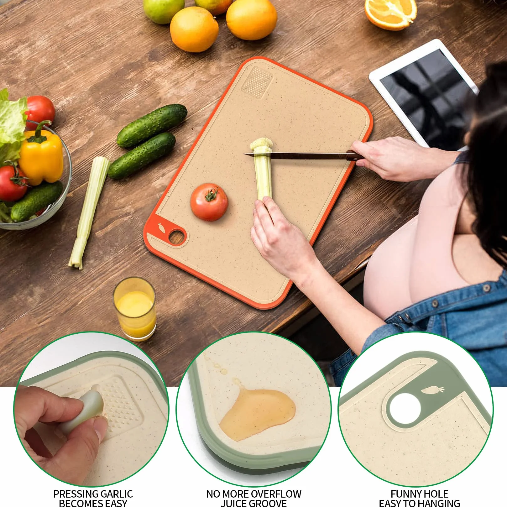 Tablas de cortar gruesas de plástico antideslizantes para cocina, grandes con agujeros para colgar