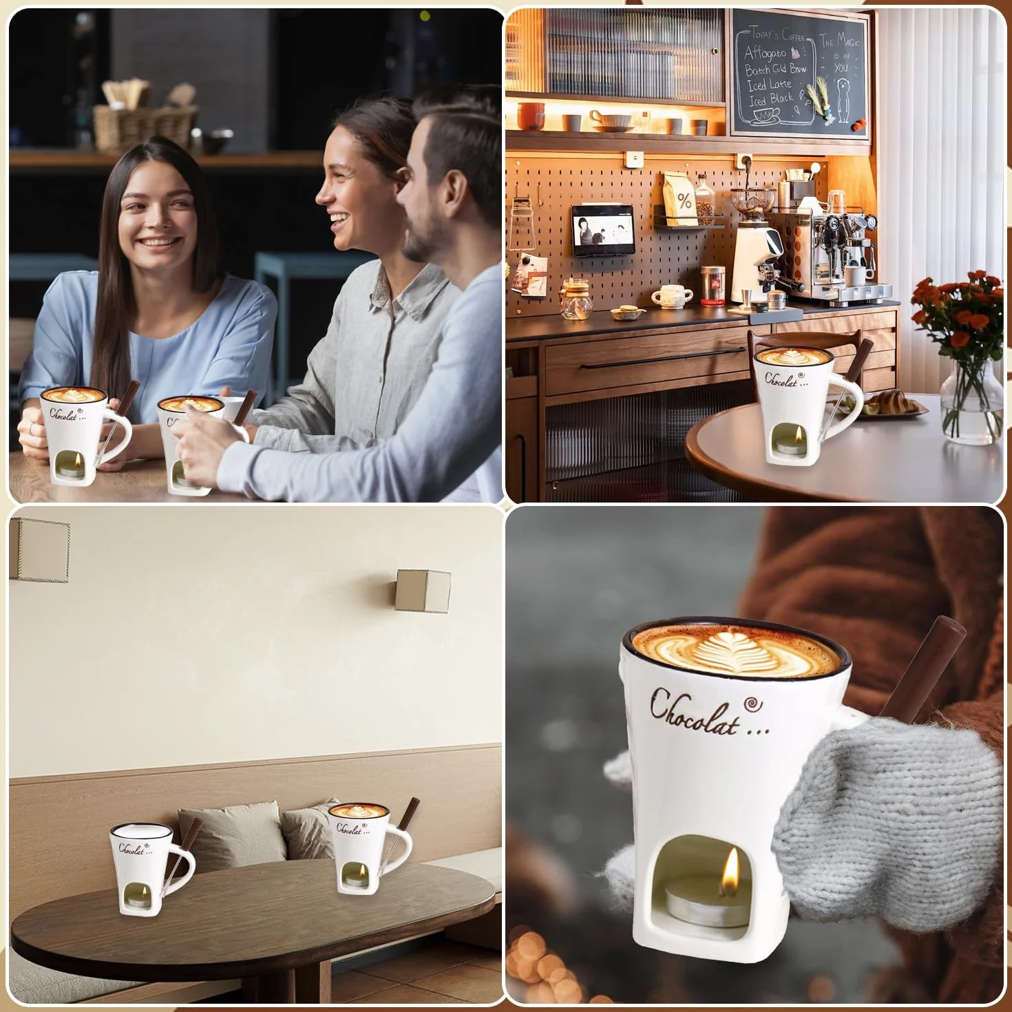 Taza de Fusión de Chocolate 130 ML Juego de Fondue de Chocolate de Cerámica con Tenedores y Vela de Té
