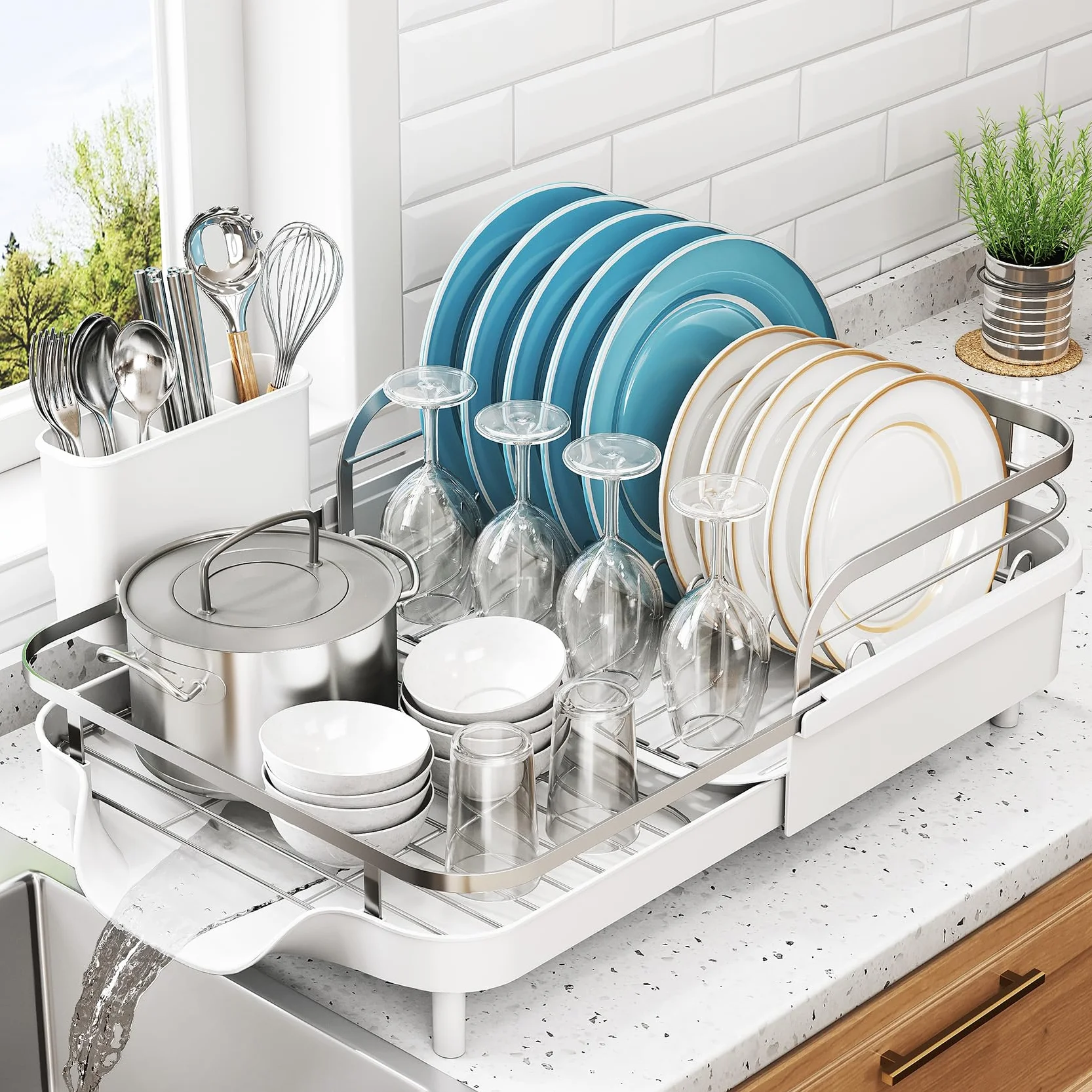 Escurridor de platos extensible para encimera de cocina, escurridor de platos de acero inoxidable con juego de escurridor y soporte para utensilios, escurridor de platos de secado de fregadero