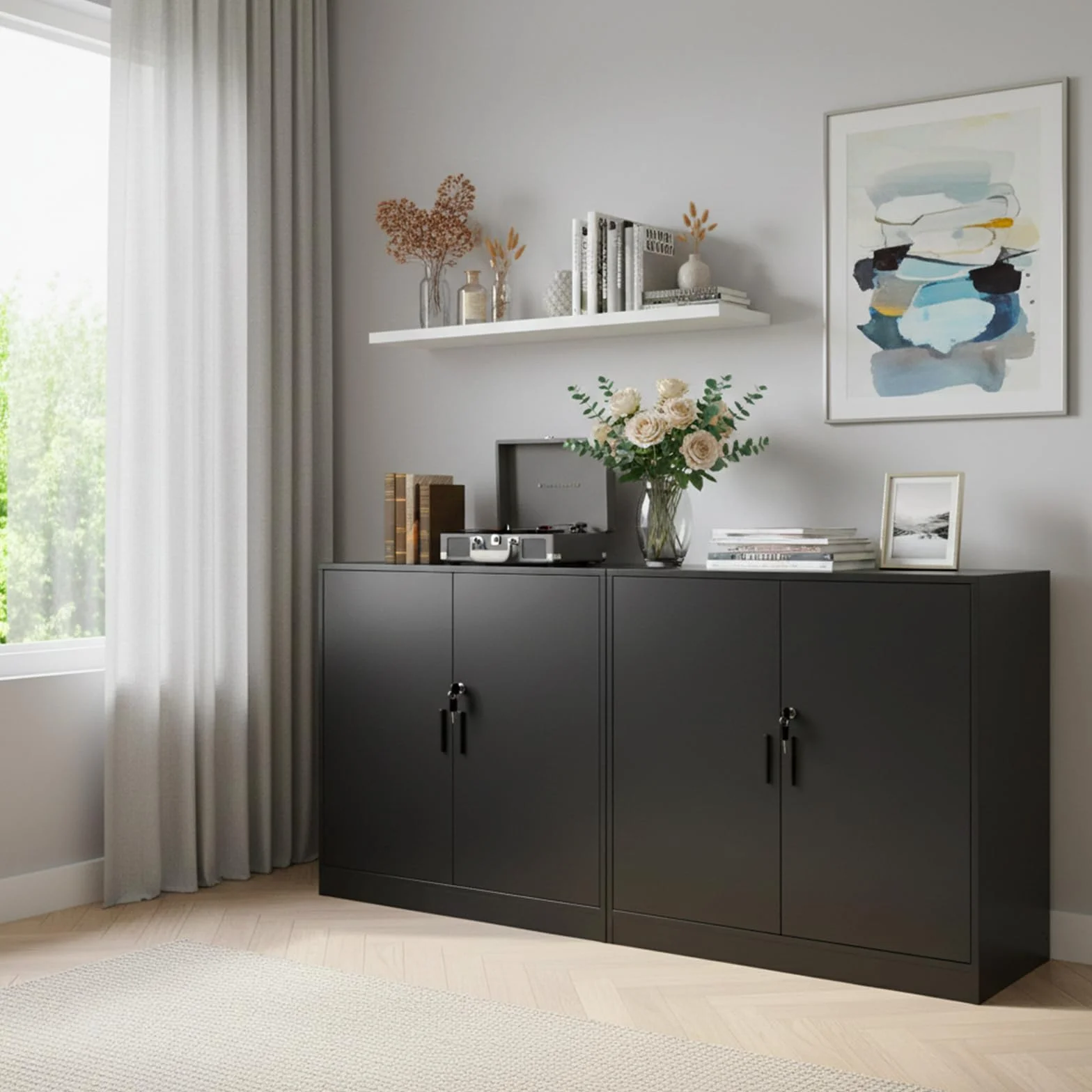 Armario Oficina con Cerradura Llave 2 Puertas, Armario Multiusos Almacenaje para Cocina Archivador Oficina Dormitorio Garaje Herramientas y Salon, Baldas Ajustable, 87 cm Fondo, Negro