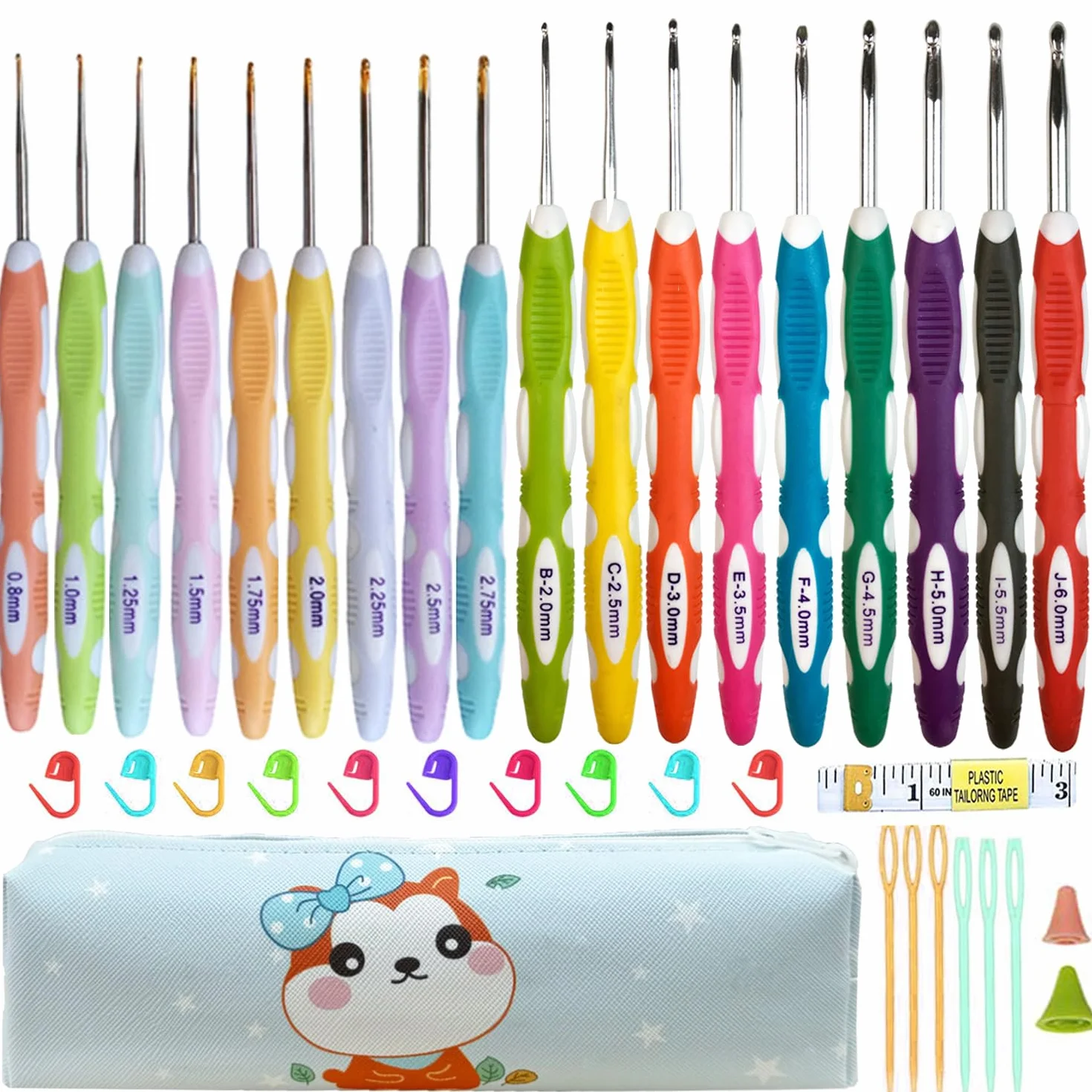 Mdoker Juego de agujas de ganchillo ergonómicas de 18 tamaños con funda, ganchos de ganchillo de 0,8 mm a 6 mm para manos artríticas, agujas de ganchillo para principiantes, regalo del día de la
