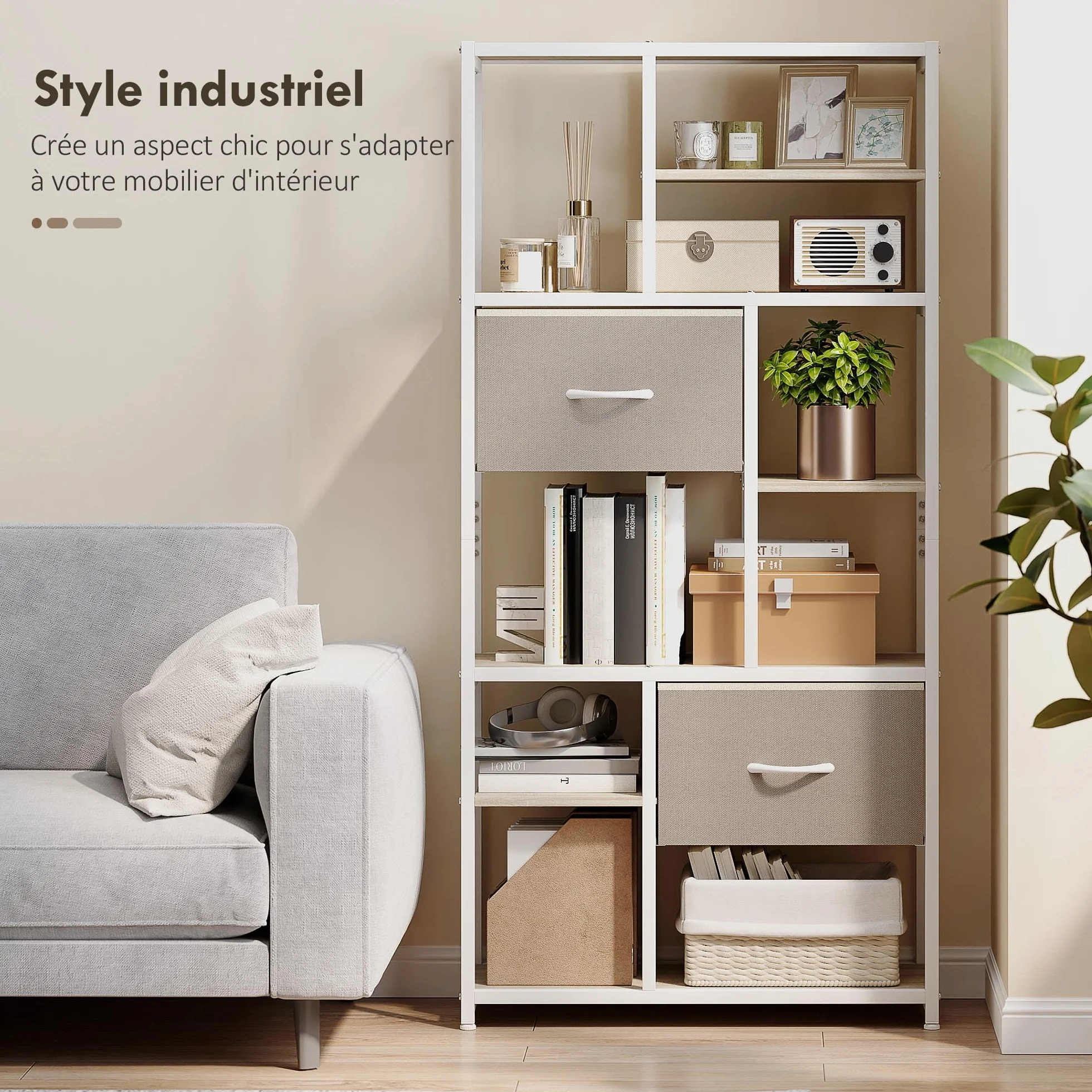 HOMCOM Mueble de almacenaje de 6 Niveles, librería con 2 cajones de Tela, 9 estantes Abiertos, Mueble de almacenaje con Estructura de Acero para salón, Estudio, Dormitorio, 72,5 x 30 x 150 cm,