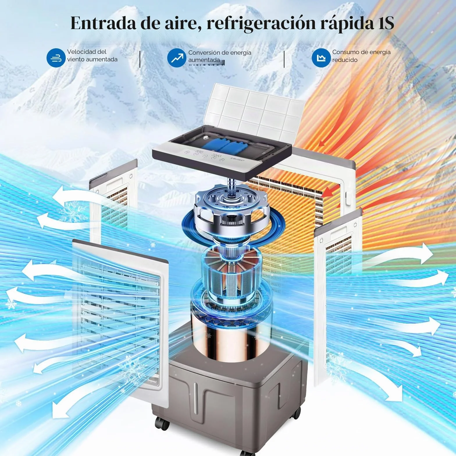 Climatizador Evaporativo 30L, Ventilador de Agua con Mando a Distancia y Acumuladores de Hielo, Potente Flujo de Aire, Enfriador Evaporativo Portátil para Grandes Espacios, Salón y Garaje
