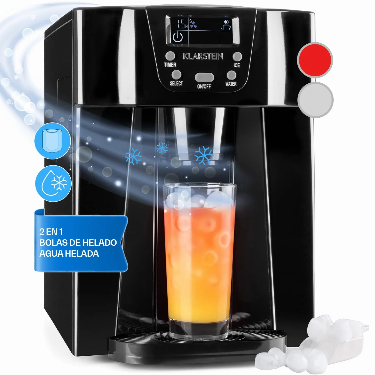 Klarstein Maquina de Hielo para Encimera, Maquina Hacer Cubitos de Hielo Domestica, Producción 12 kg., Depósito Agua Capacidad 2 l. Dispensador Agua Fría, Ice Maker Sobremesa, Máquina Cubitos de Hielo