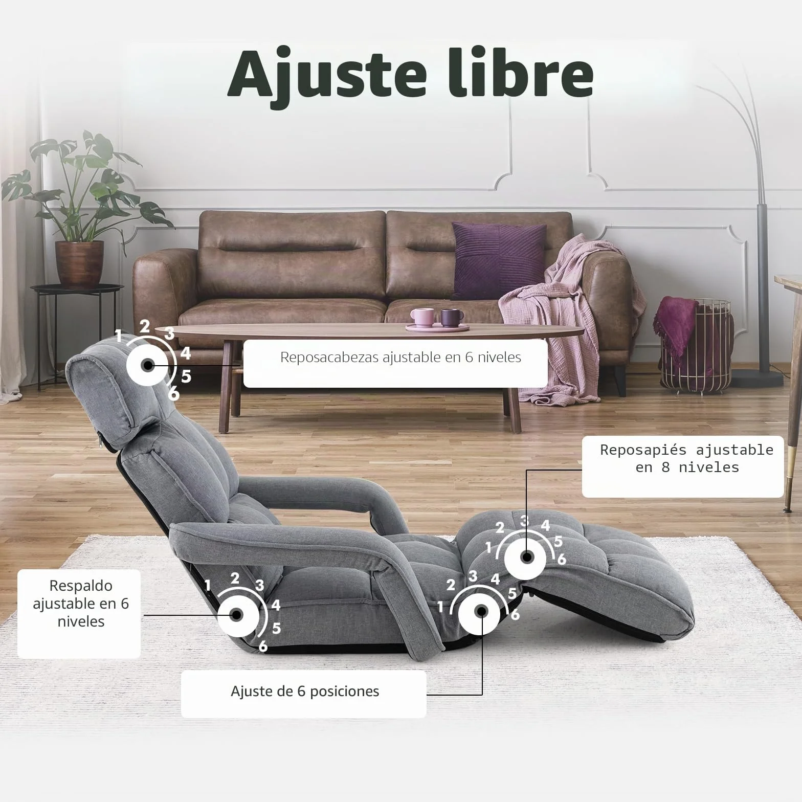 GOPLUS Sillón Relax Reclinable en 6 Posiciones, Sillla Suelo Plegable con Cojín Acolchado, Sofá Orejero Individual para Lectura y Gamer en Dormitorio,196 x 72 x 19.5 cm, Gris (Gris Oscuro)