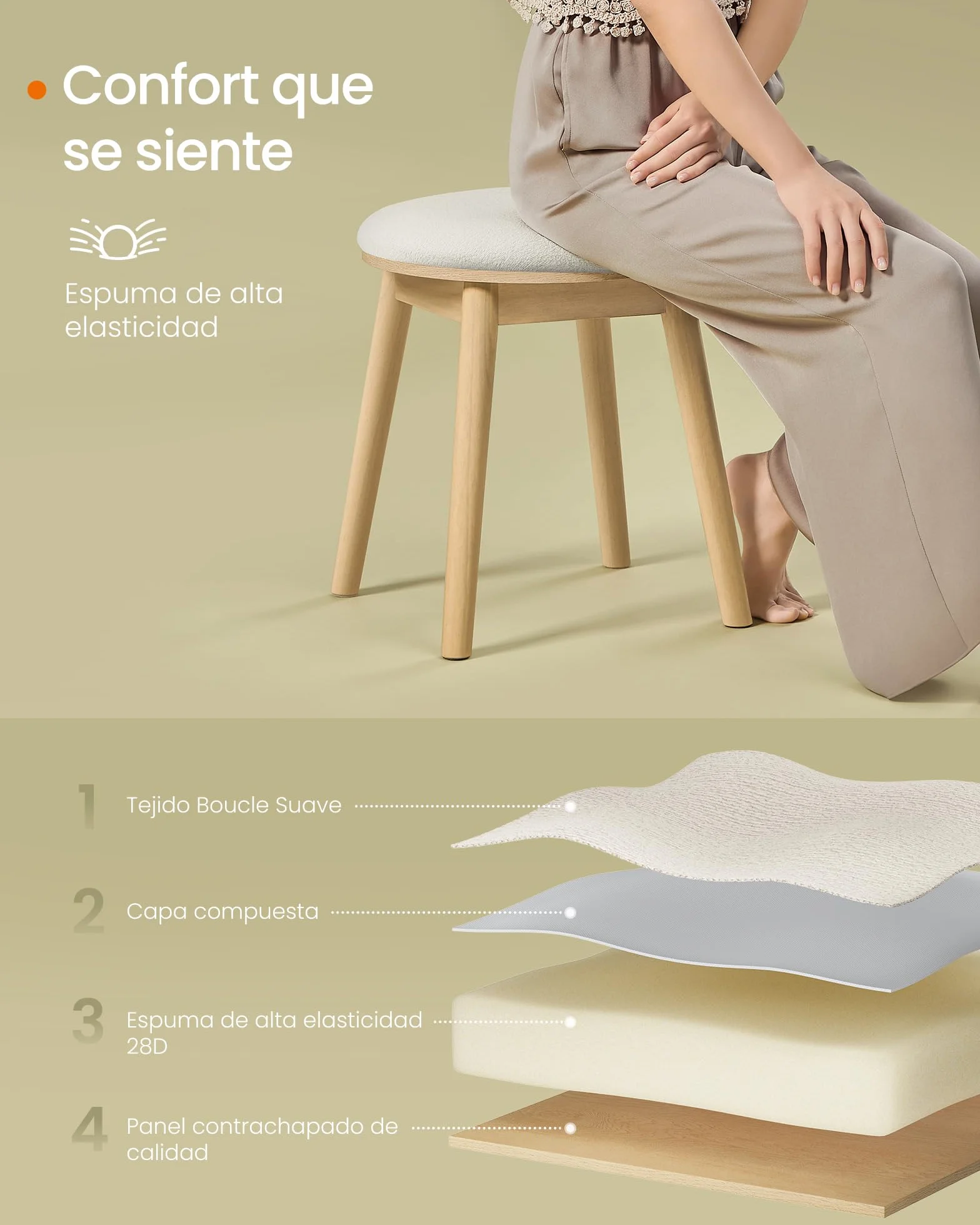 SONGMICS HOME BOHOVEN Colección - Taburete de Tocador, Taburete Tapizado con Patas de Madera Maciza, Reposapiés Redondo, Almohadillas Pies, Estilo Bohemio, para Dormitorio, Blanco Crema y Beige Roble