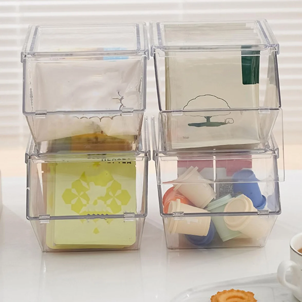 OSALADI Soporte Apilable para Bolsitas de Té y Café 4 Piezas Acrílico Tapa, Caja Organizadora de Sobremesa Grande Capacidad para Paquetes de Azúcar y Condimentos, Adecuado para Cocina