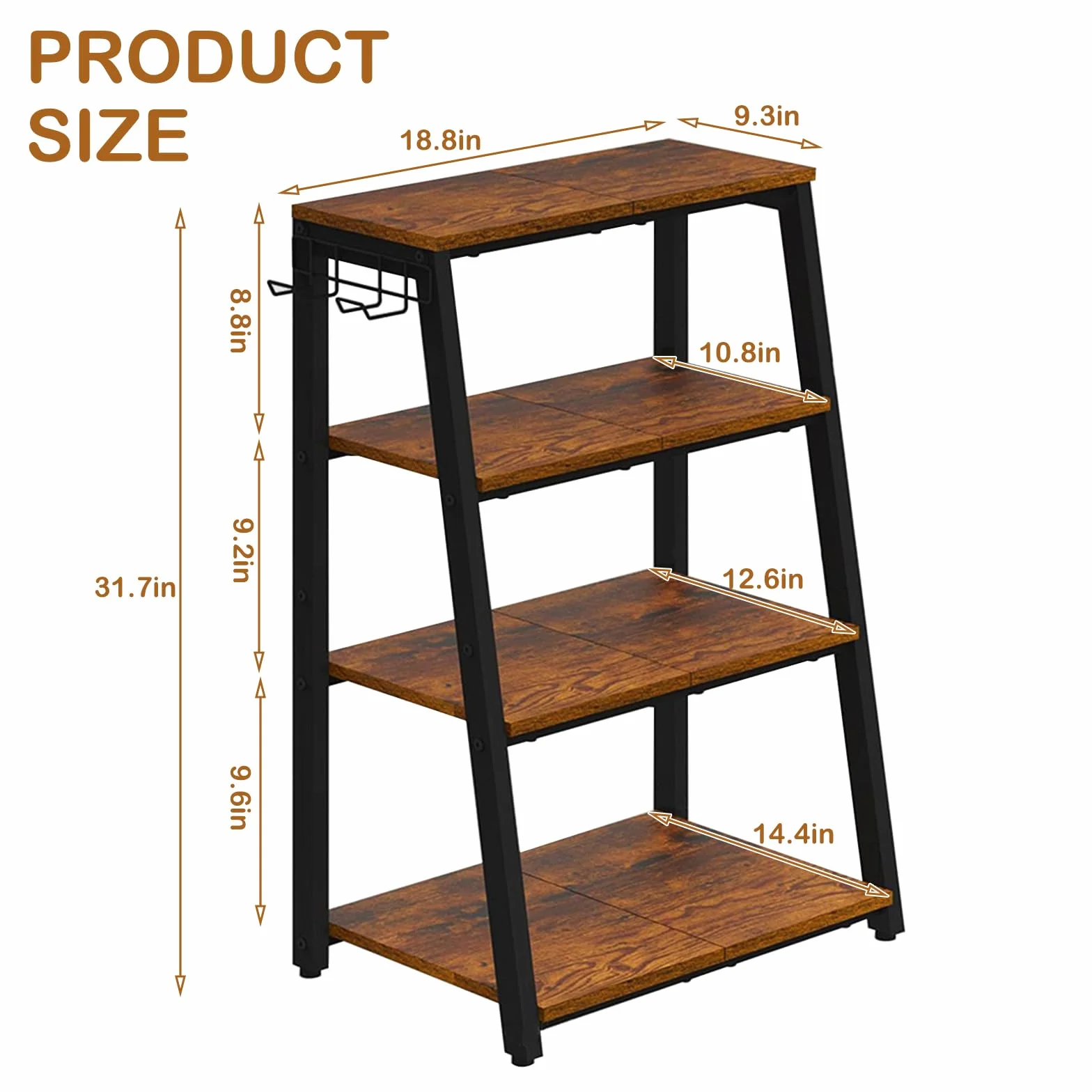 Estantería HiFi de 4 niveles de madera y acero para el hogar, con ganchos, estantería HiFi en forma de escalera con estantes para tocadiscos, equipos estéreos, equipos compactos y consolas de