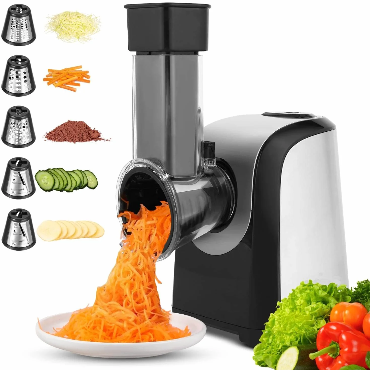 COOCHEER Cortador de verduras eléctrico 5 en 1, 150 W, rallador eléctrico, rallador de verduras, multifuncional para verduras, frutas y queso