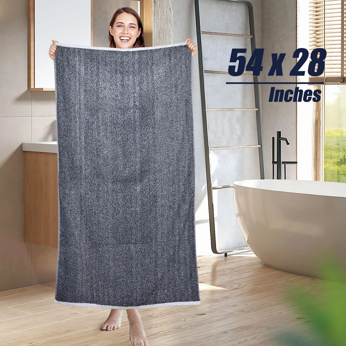 Cleanbear Toallas de baño, juego de toallas de baño de lujo 100% algodón para baño, toallas de ducha grandes de 54 x 28 pulgadas con rayas de espiga, toallas de baño azul marino, paquete de 2