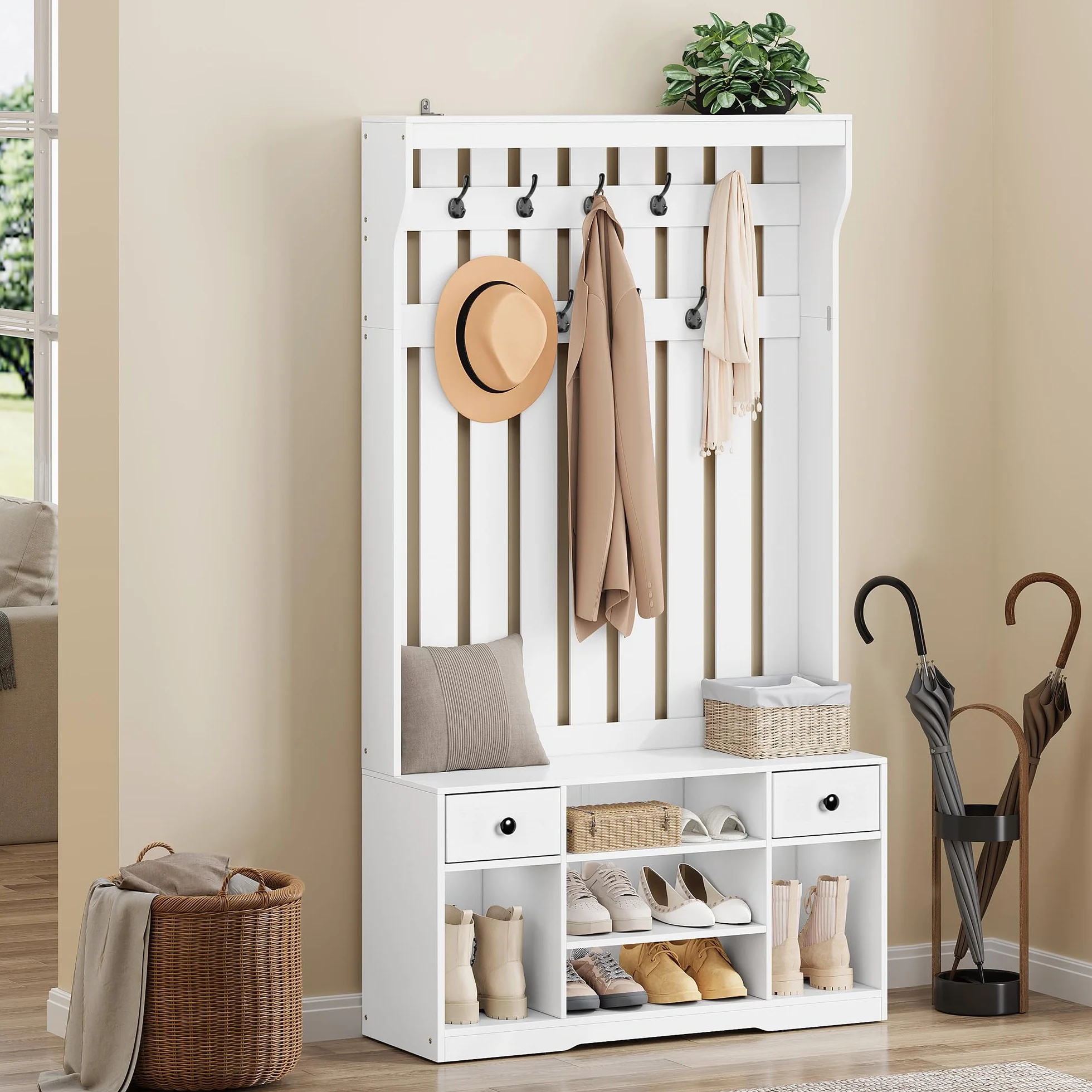 YITAHOME Perchero Entrada Recibidor con Banco, 35 x 100 x 180 cm Zapatero Entrada Recibidor, Perchero Zapatero, con 9 Ganchos y Almacenamiento, 2 Cajón de Tela, Pasillo Dormitorio Salón, Blanco