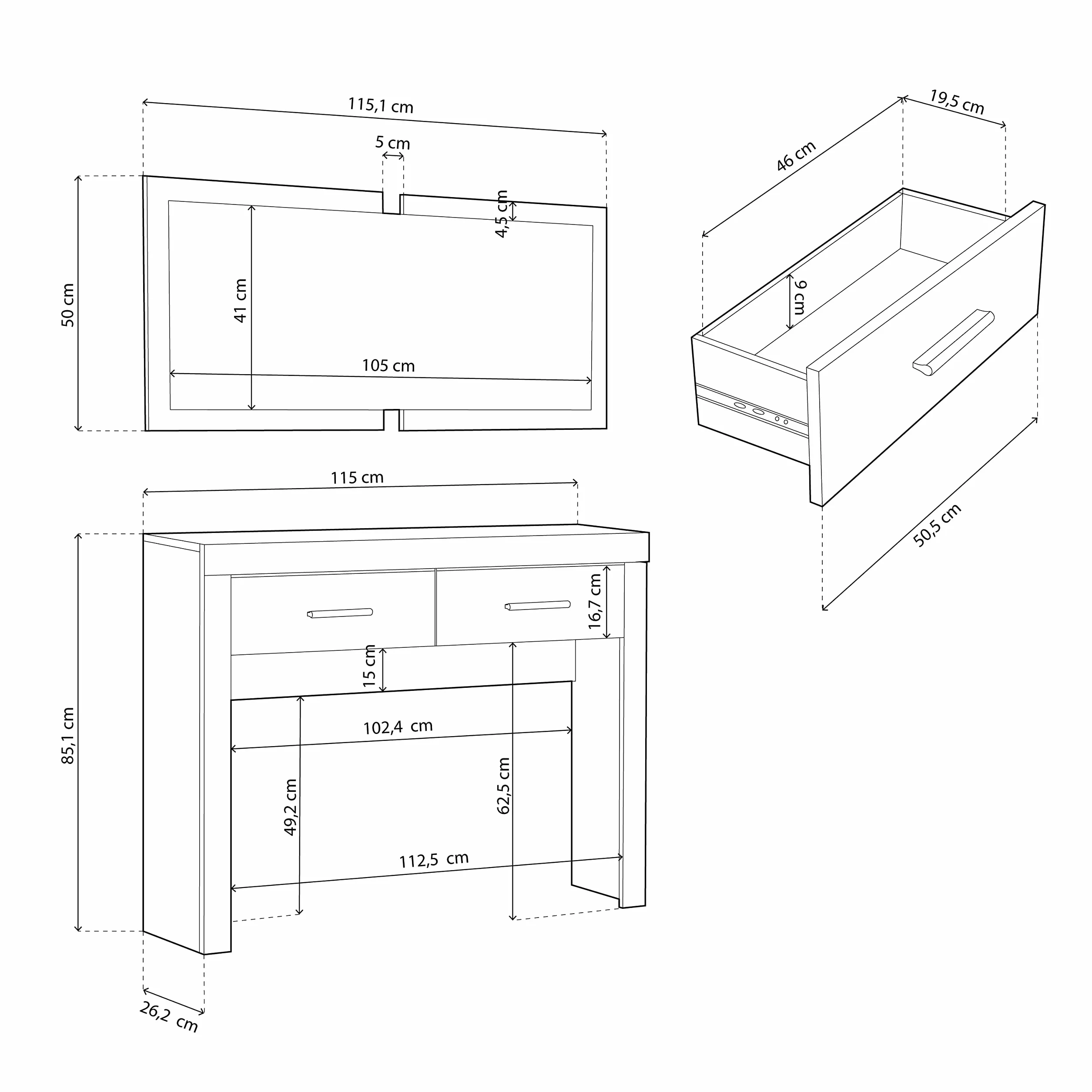 duehome | Recibidor Dos cajones y Espejo, Mueble de Entrada Acabado en Cambria y Blanco, Modelo Nuka, Medidas: 115 cm (Largo) x 26 cm (Fondo) x 85 cm (Alto)