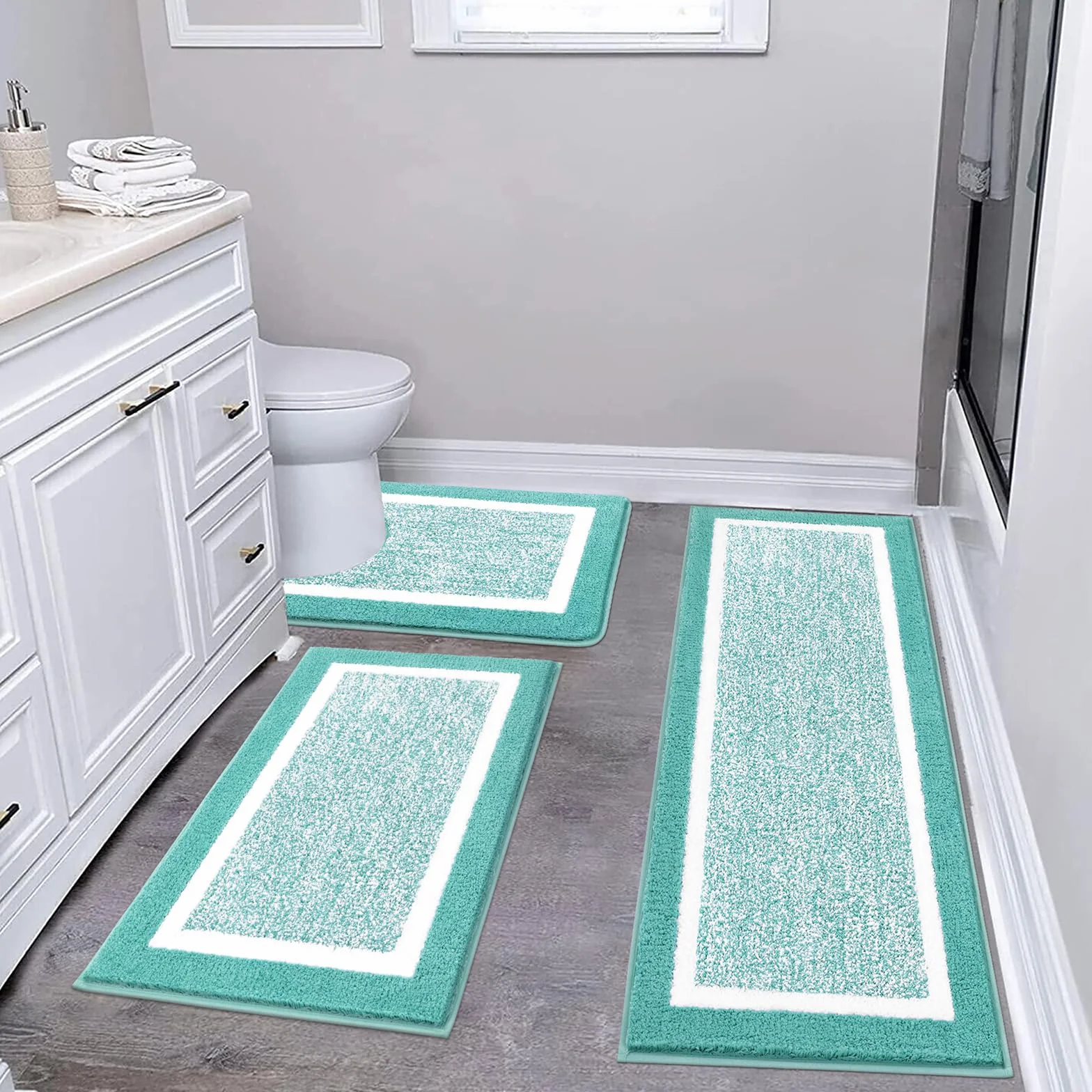 Pauwer - Juego de 3 alfombras de baño antideslizantes, absorbentes y peludas, incluye contorno de váter en forma de U, para baño, dormitorio, sala de estar, verde azulado