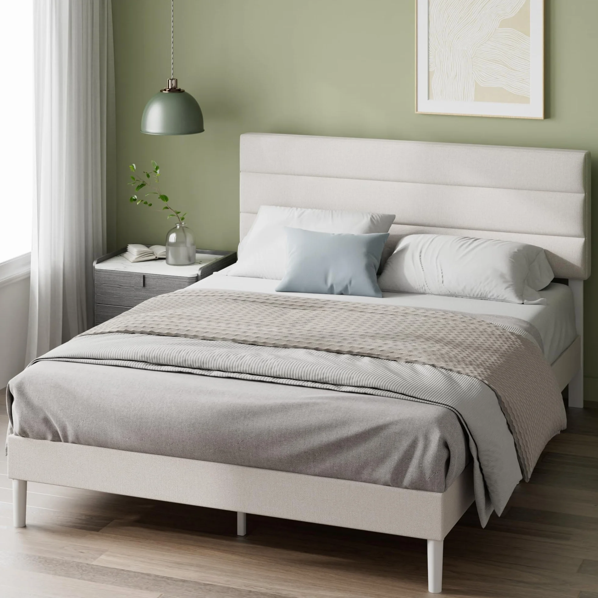 Zinus Piper Upholstered Platform Bed, 160 x 200 cm, Horizontal Paneled Headboard, Wooden Slat Support, Easy Assembly, Off White
