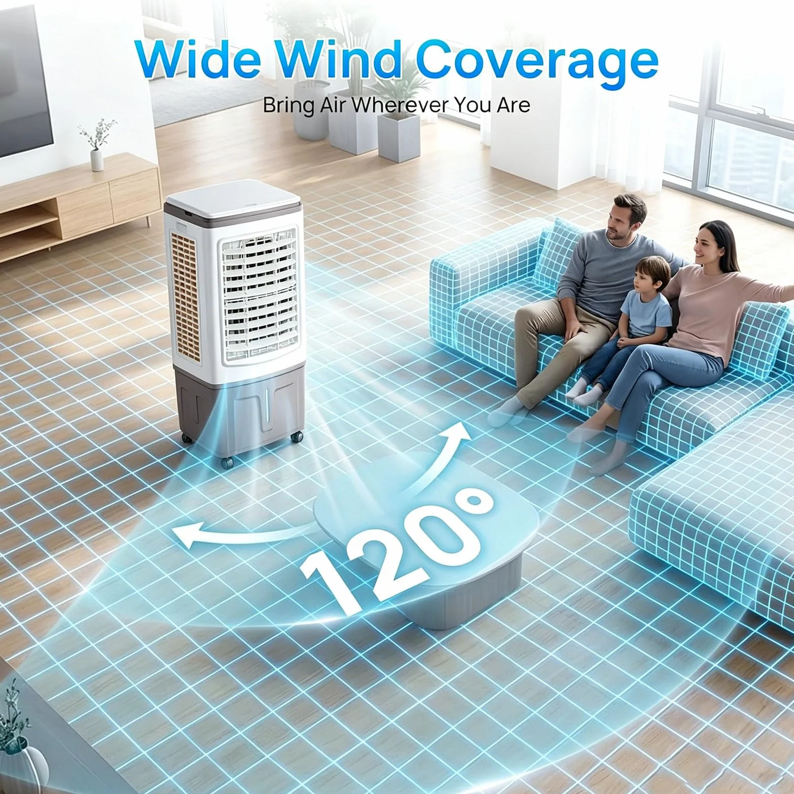 Enfriador de aire evaporativo, ventilador enfriador de aire portátil de 75 W con tanque de agua, hasta 30 L, entrada de aire mejorada de 3 lados, llenado superior, 3 modos, 3 velocidades para