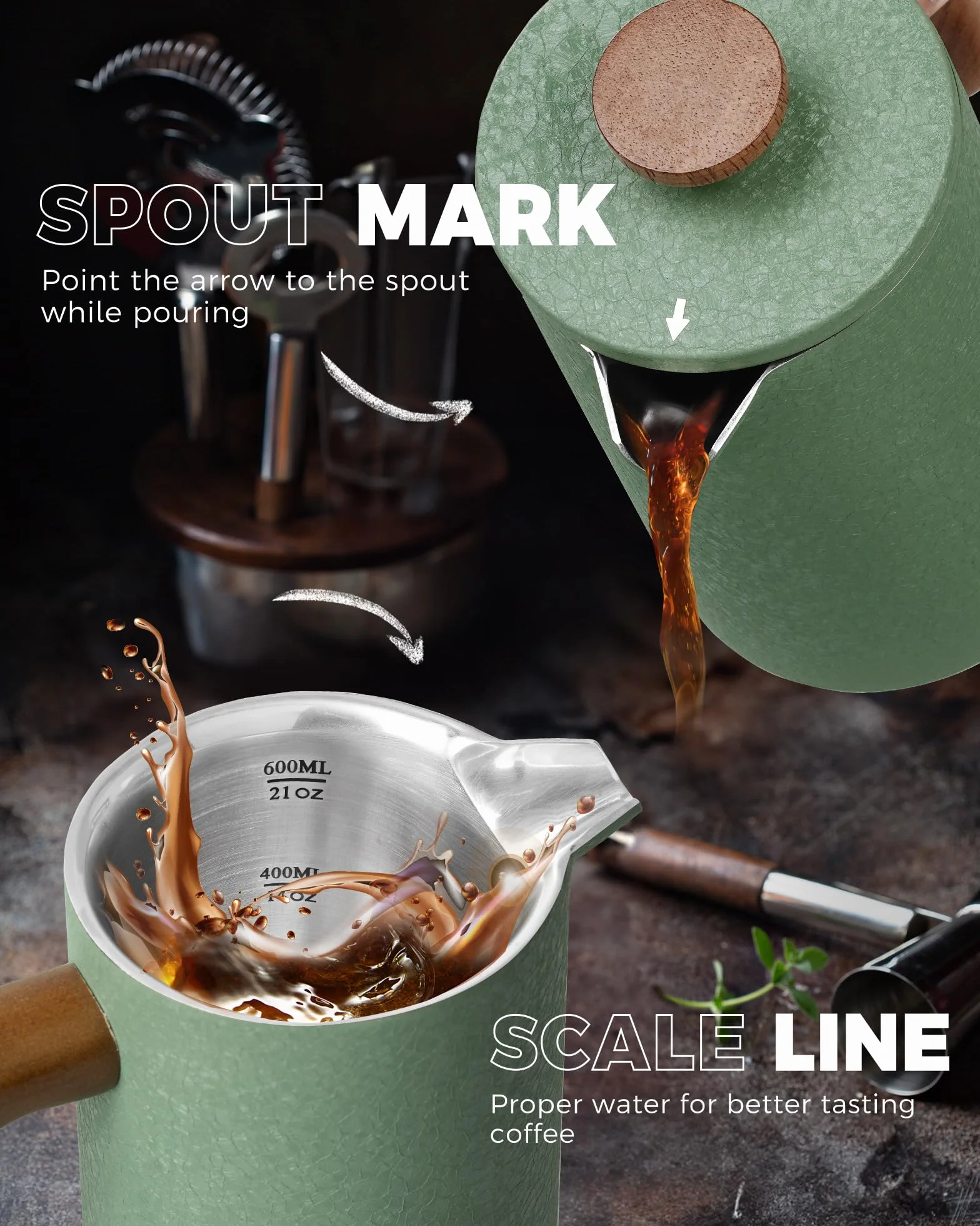 POLIVIAR Cafetiere - Cafetera de prensa francesa de 21 onzas con mango de madera, prensa de café de acero inoxidable para buen café y té, cafetera aislada de doble pared con 1 filtro adicional