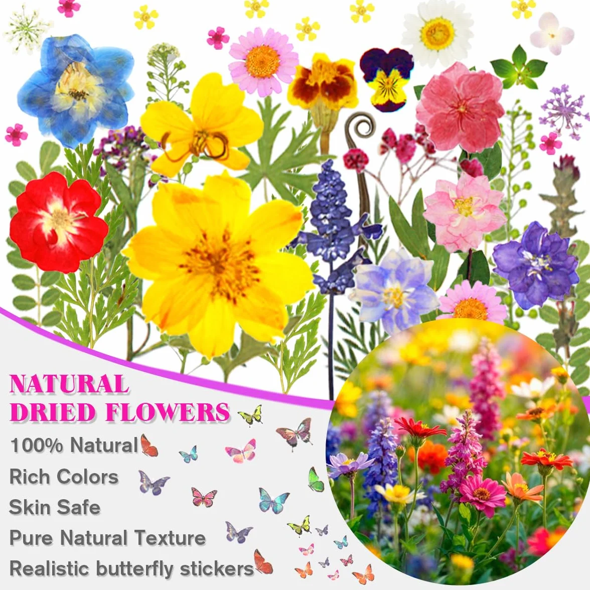 Flores Secas Naturales y Prensadas Coloridas 120 Piezas con Pegatinas de Mariposa 30 Piezas para DIY Joyería Velas Resina Scrapbooking