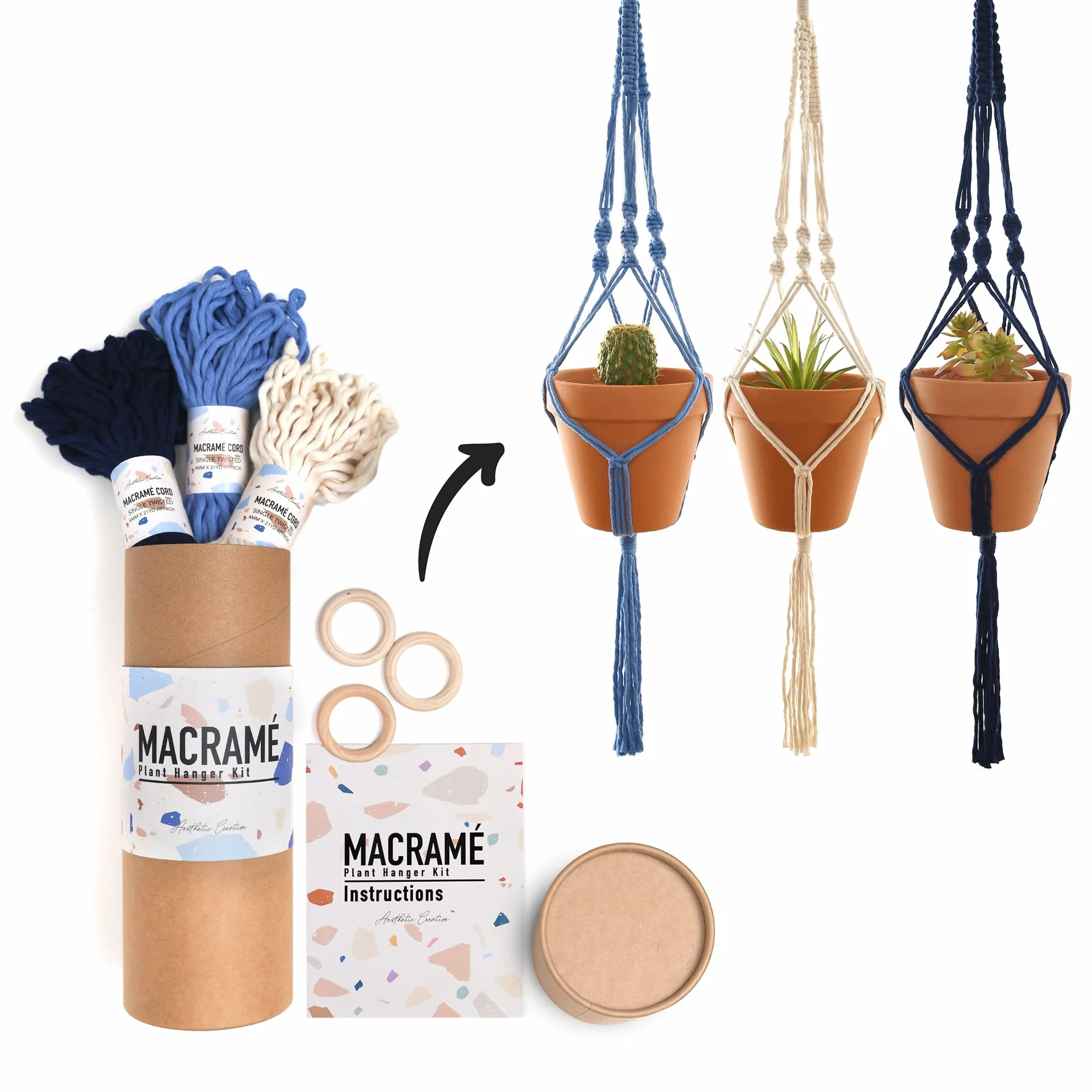 Kit de macramé, hace 3 ganchos de plantas para adolescentes y adultos principiantes, suministros de manualidades para proyectos de arte bohemio, 3 cordones de macramé de color personalizado, anillos