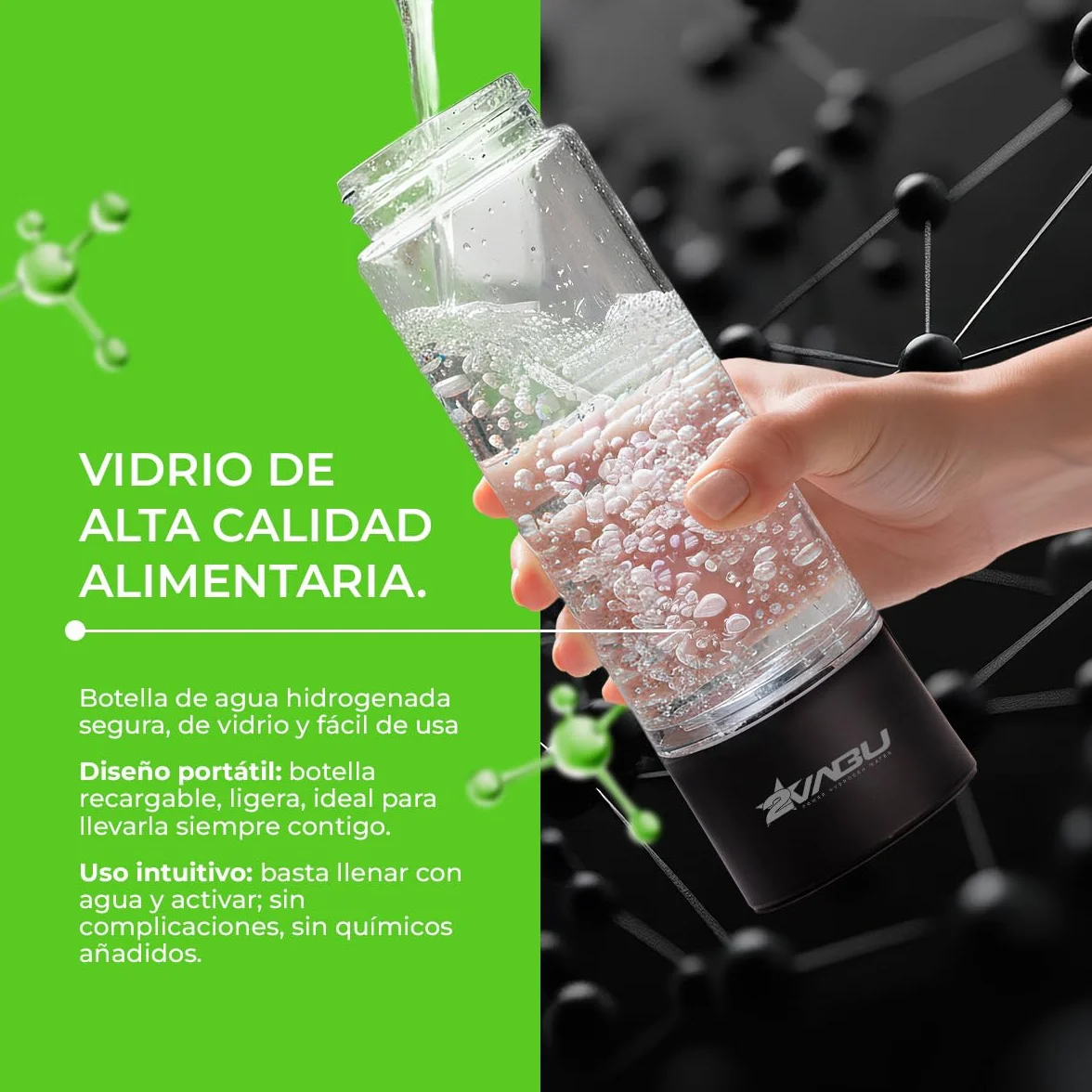 Botella de Agua Hidrogenada – 1400 PPB de Hidrógeno Molecular – Tecnología SPE/PEM de Alta Pureza – Incluye Funda Protectora - Auto limpieza Membrana - 400 ml (Molecular Sport)