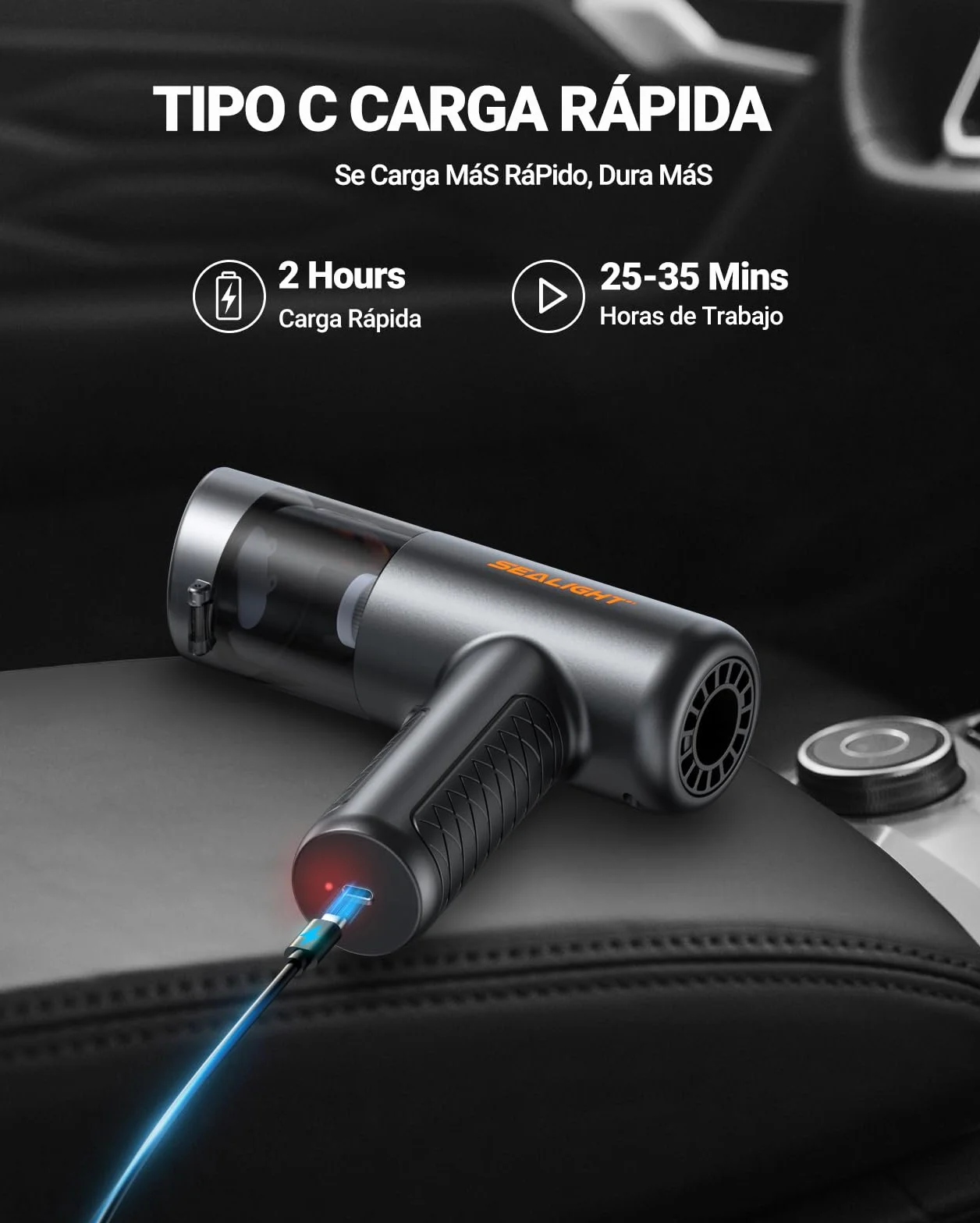 SEALIGHT Aspirador de Mano, 32000PA Aspiradora de Coche, 4 en 1 Aspirador Coche con Motor Sin Escobillas, Aciado Automático de un Toque, Mini Aspiradora Sin Cable para Pelo de Mascotas, Coche, Hogar