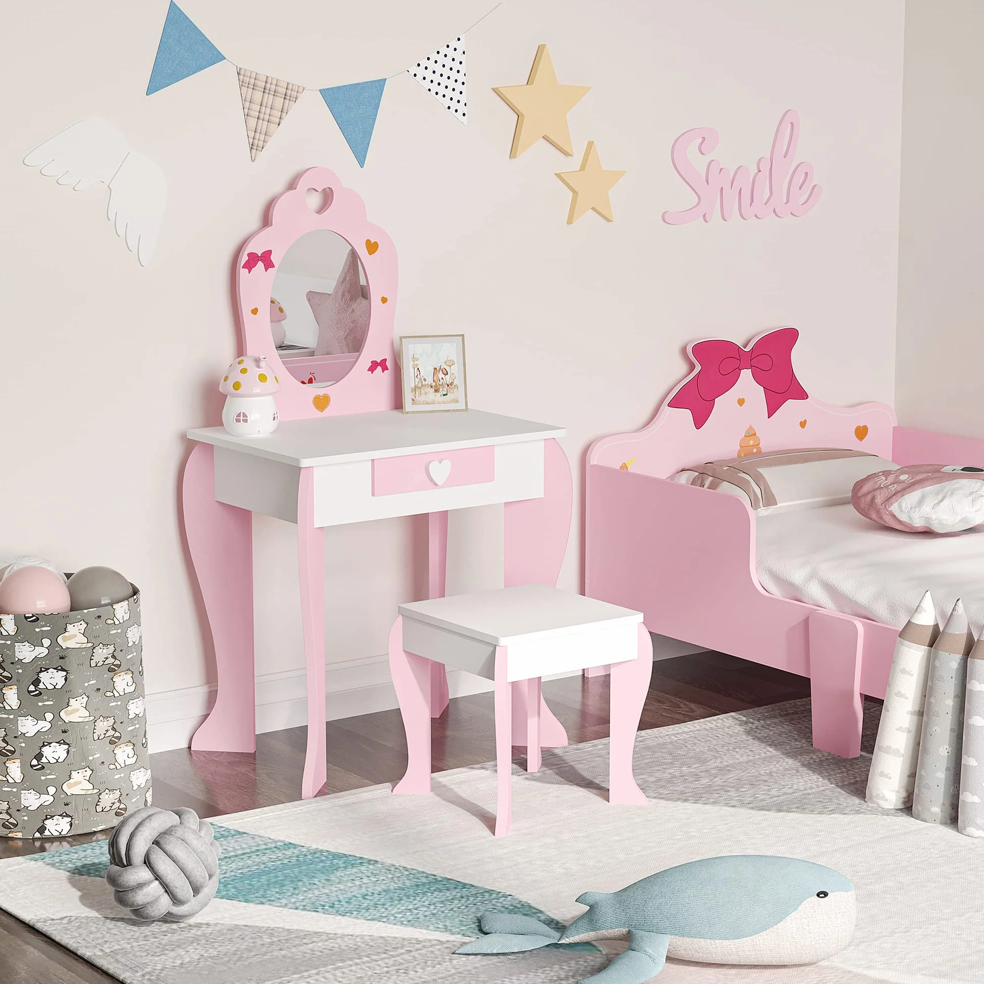 ZONEKIZ Tocador Infantil Madera con Espejo y Taburete para Niñas 3-6 Años 50x36,5x89,5 cm Rosa