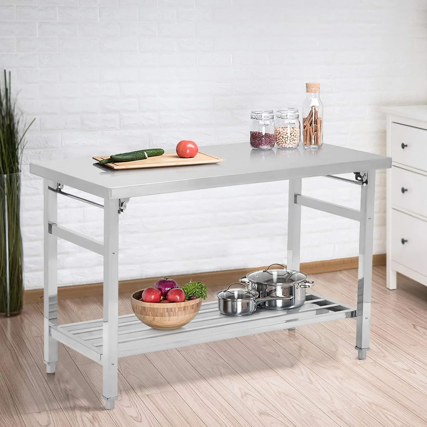 Garvee Mesa De Comedor Plegable De Acero Inoxidable: Mesa De Preparación Comercial De Dos Niveles, Resistente, con Estante Inferior Ajustable, Ruedas Bloqueables, Capacidad De 400 kg
