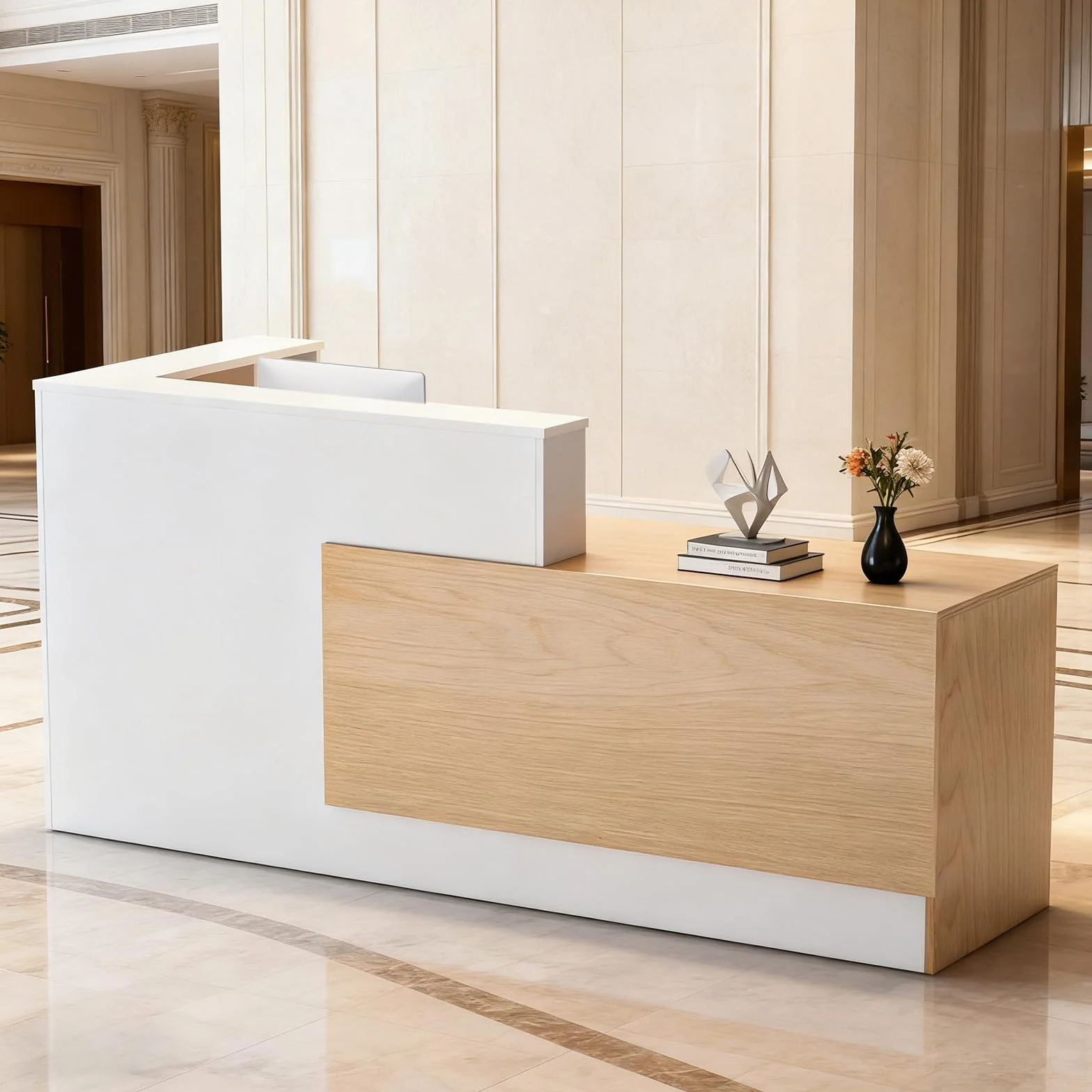 Escritorio de recepción grande de madera en forma de L, moderno mostrador de recepción con cajones con cerradura y bandeja de almacenamiento y teclado, para pagar, vestíbulo (madera natural izquierda