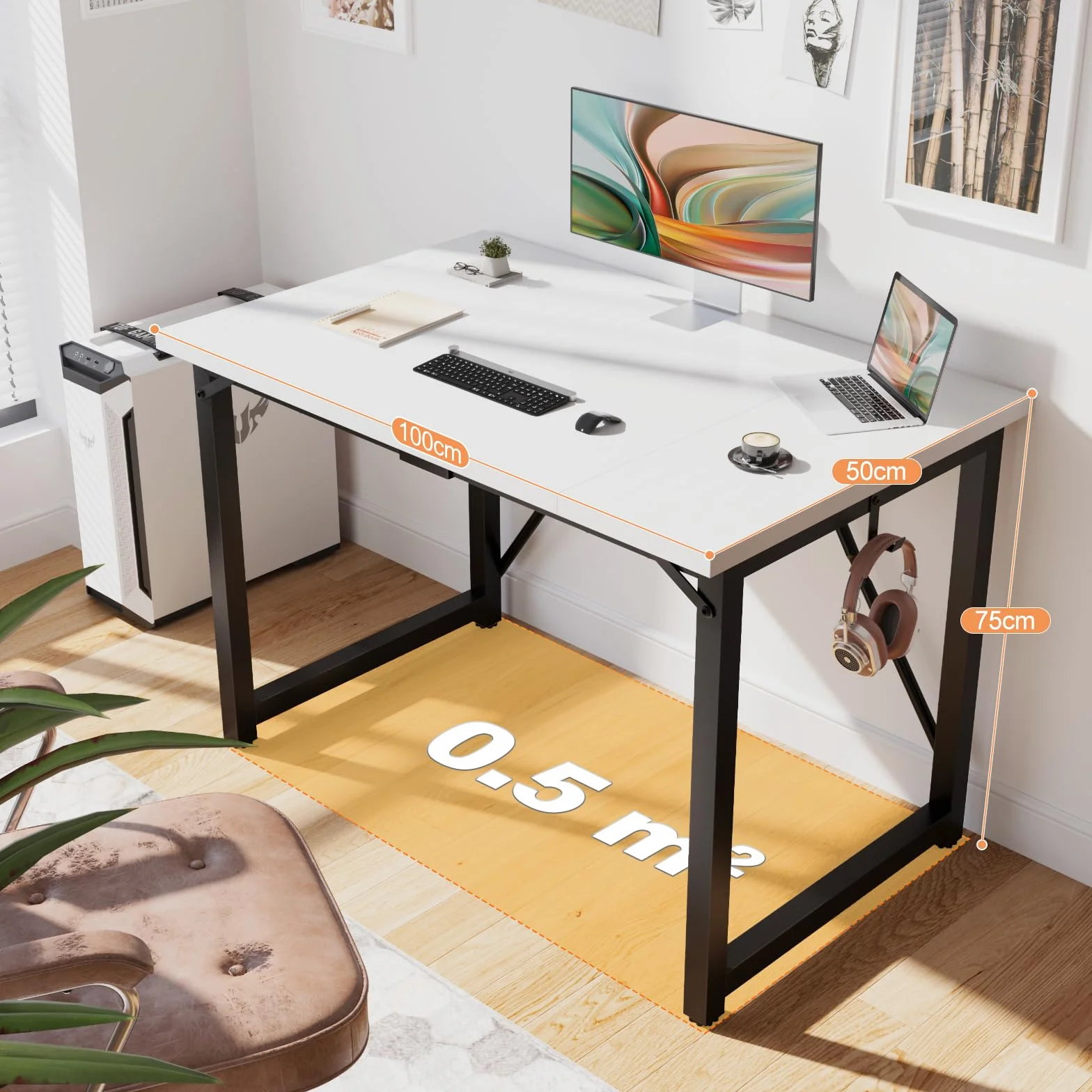 Devoko Escritorio pequeño para Ordenador, 100 x 50 x 73 cm Escritorio, Mesa de Oficina en casa, Escritorio para Ordenador portátil, Mesa de Diseño Industrial Blanco