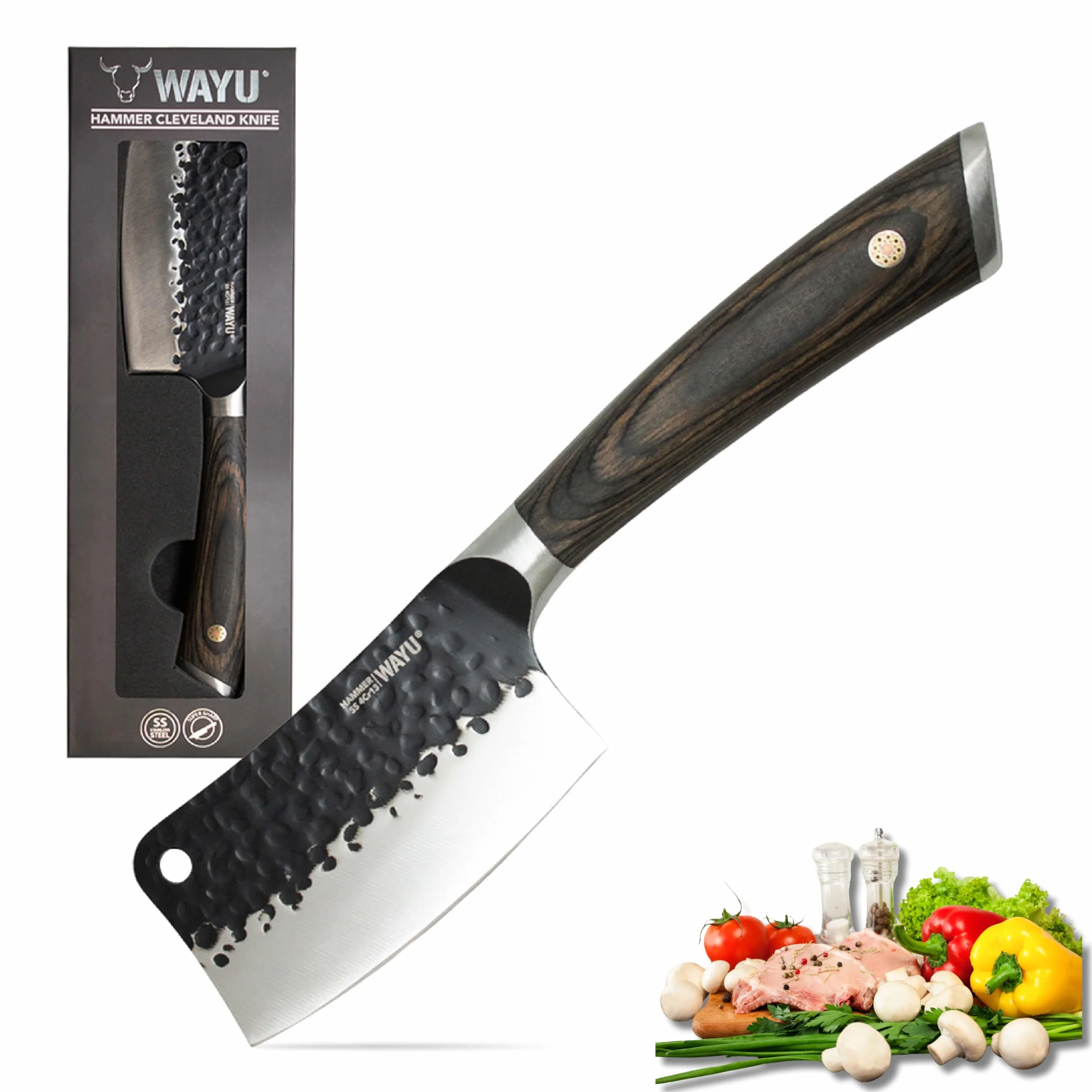WAYU - Cuchillo Cleveland- Cuchillo Multiuso Compacto, de 20 cm. Permite cortes precisos y seguros. Cuchillo de tamaño Pequeño en forma de hacha para cortes de carne, frutas y verduras. Knife.