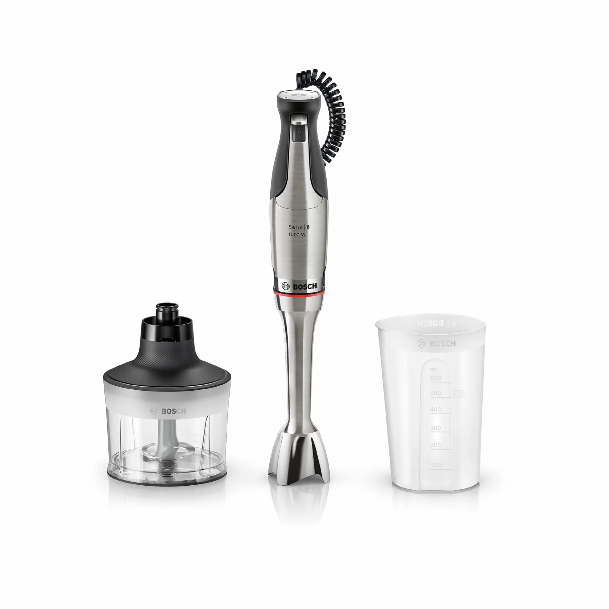 Bosch - Batidora de mano, serie ErgoMaster 8, motor de 1.500 vatios, ajuste intuitivo de la velocidad, cuchilla de 6 hojas, accesorios incluidos, acero inoxidable, MSM8M930