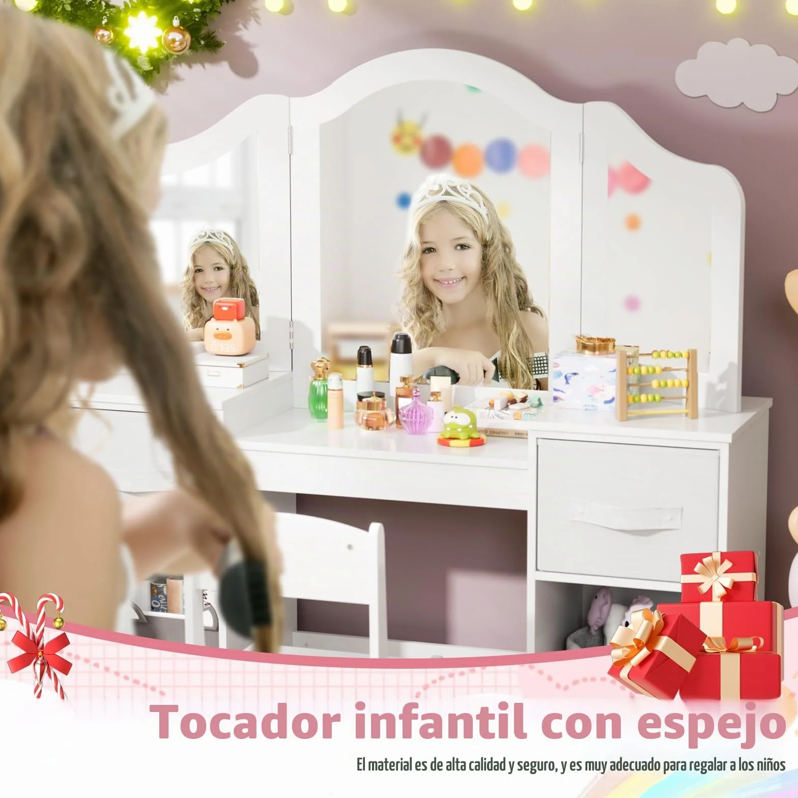 MAMIZO Tocador Infantil 2 en 1 con Espejo Extraíble, Madera Niña Escritorio con Taburete, Blanco 108x30x114 cm