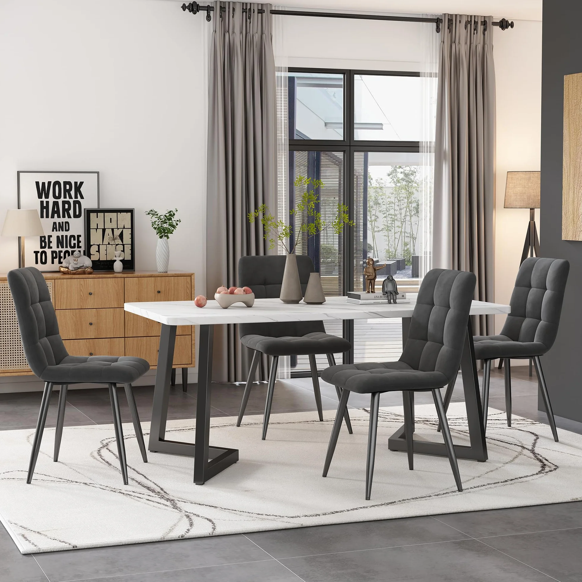 Juego de Comedor Mesa y 4 Sillas, Juego de Mesa y Sillas Comedor 5 Piezas, 117x68x75 cm Tabla de Cena Rectangular Moderna, Dining Table and Chair Set, Terciopelo Silla de Cocina (Gris)
