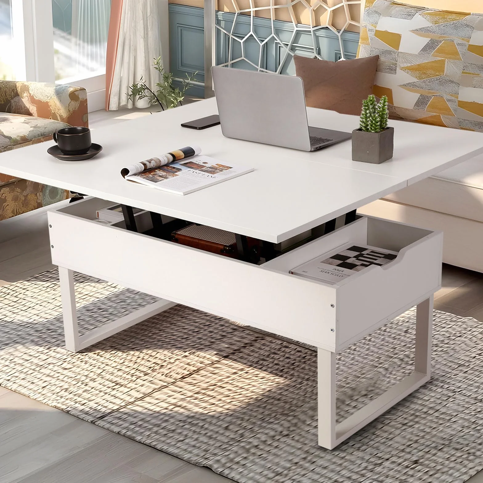 VOWNER Mesa de Centro Elevable, 3 en 1 Mesa de Salón Multifuncional con Almacenamiento Oculto, Mesa de Comedor Moderna Elevadora (Blanco)