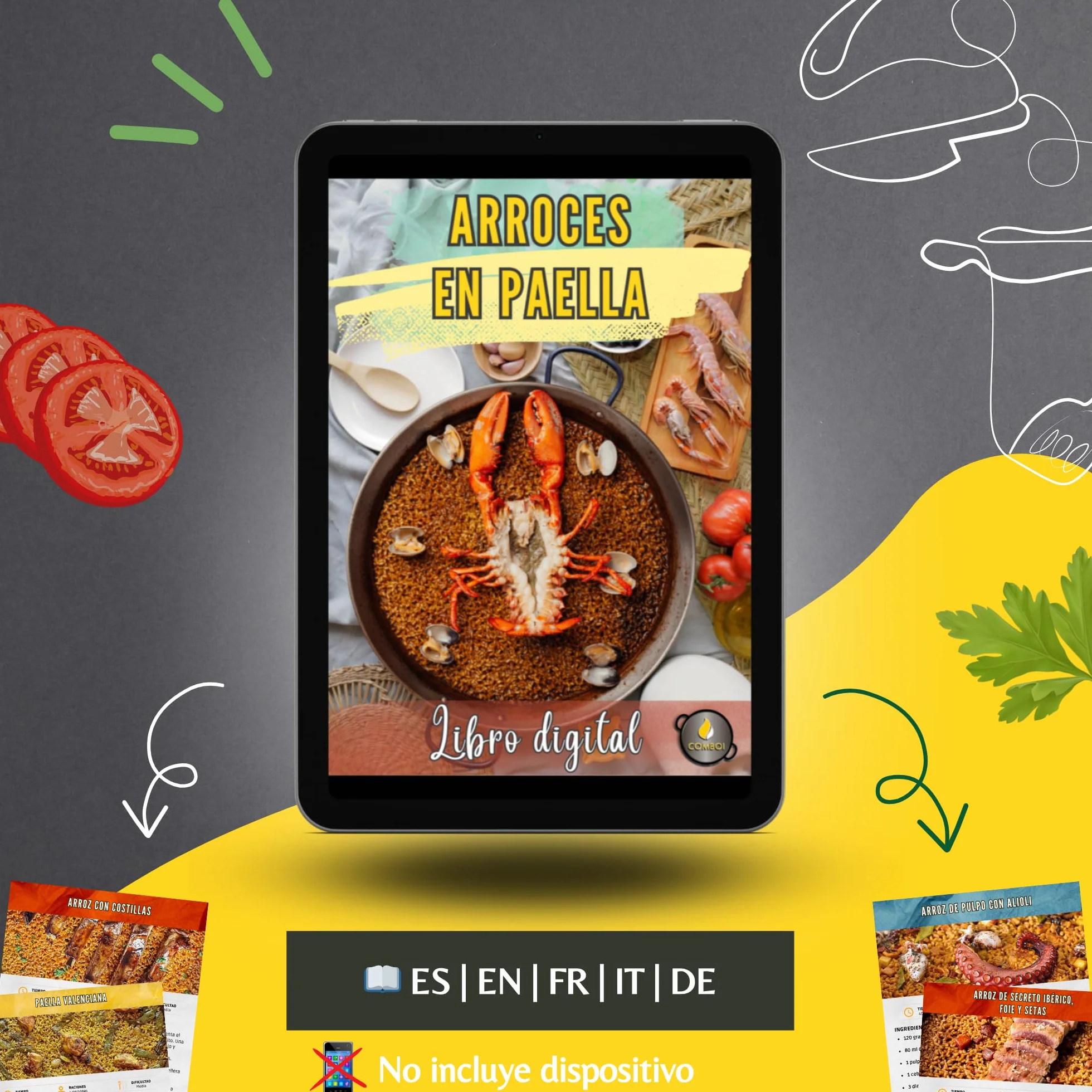 COMBOI Paellero gas butano 40 cm, paellera esmaltada de 46 cm,paella Kit Quemador, Regulador de gas, Manguera, Patas Soporte, nivel, delantal, Libro de Recetas digital