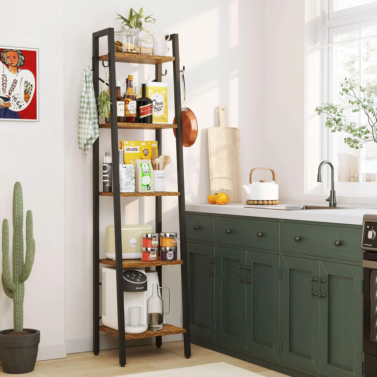 YMYNY 160CM Librería, Estantería de Escalera con 4 Ganchos, Estantería de 5 Niveles, para Salón Dormitorio Cocina Oficina en Casa, Estilo Industrial, Marco de Metálica, Marrón Rústico HBC025H