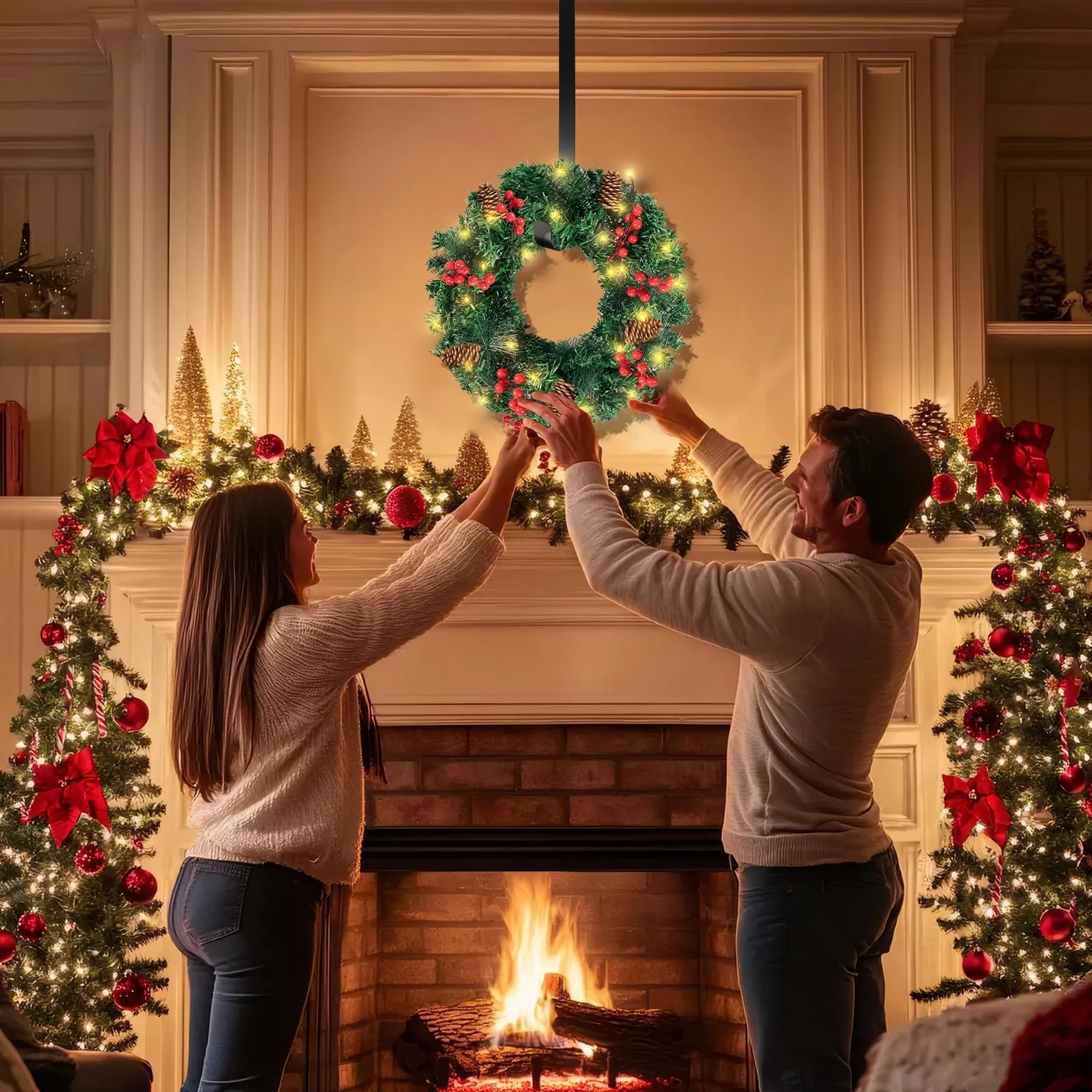 16in Corona Navidad Puerta Grande con 40LED Luces, Guirnalda Navidad Verde con piñas y Frutos Rojos, Artificial Corona Navideña Decoración Navidad para Puerta, Chimenea, Pared, Ventana