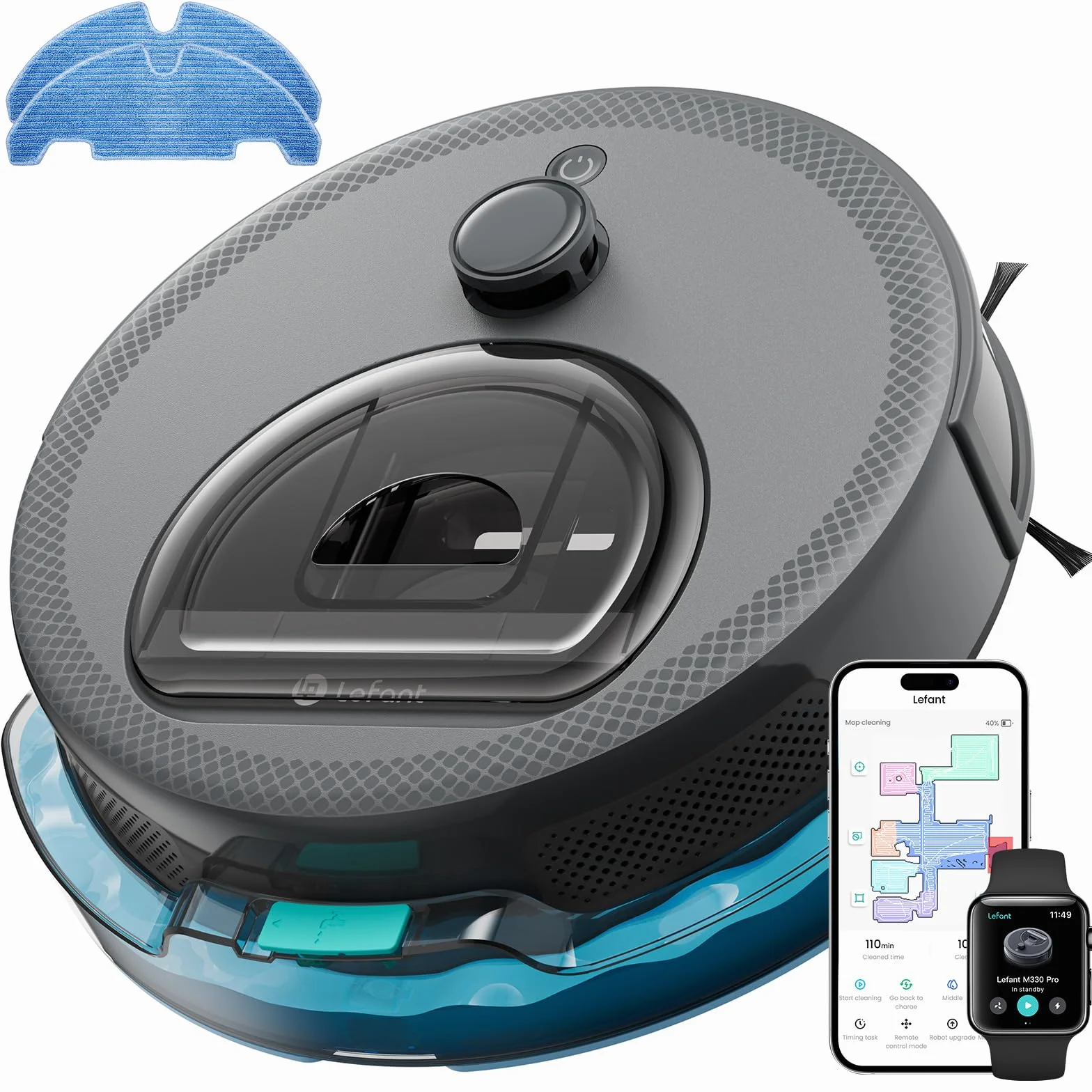 Lefant M330 Pro Robot Aspirador y Fregasuelos con Mapeo 3 en 1, Navegación dToF, 5000Pa, Diámetro 28cm, Evitación de Obstáculos PSD 190°, App/Alexa/i Watch, Ideal para Pelo Mascotas y Alfombras, Gris
