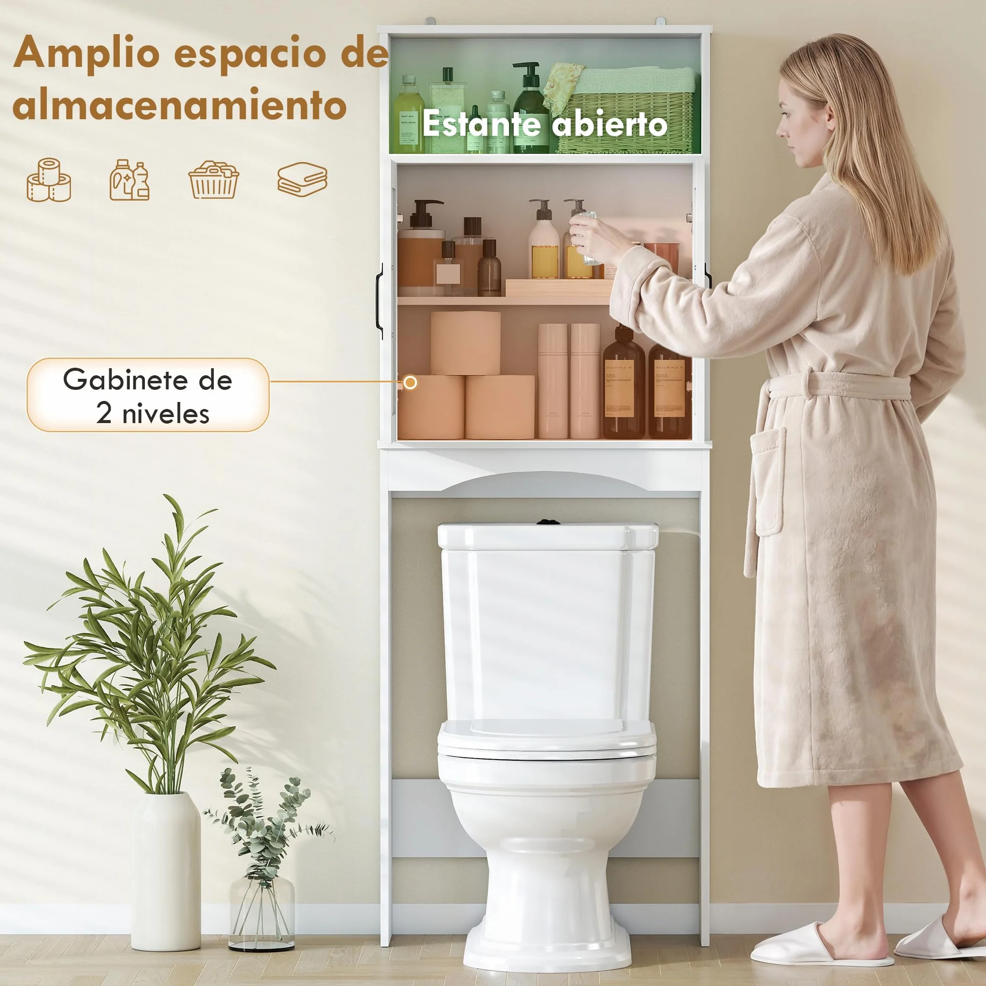 HOMCOM Mueble sobre Inodoro, Armario sobre Inodoro, Mueble de Baño con 2 Puertas de Cierre Silencioso, Estante Abierto para Lavanderías, Espacios Pequeños, 64x21x173,5 cm, Blanco