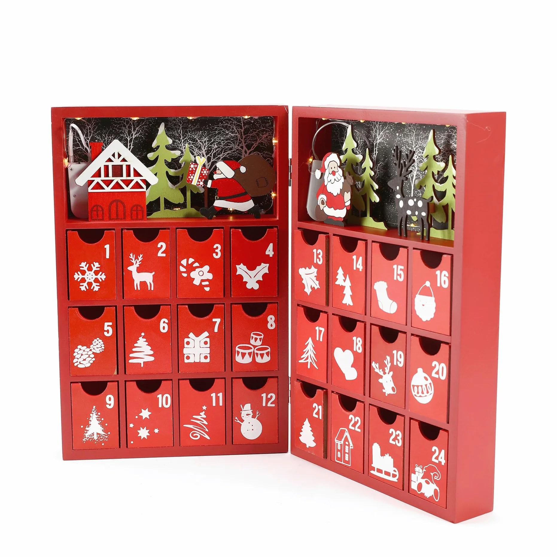 Rebecca Mobili Calendario de Adviento Rellenable con Cajones y Luces, Madera, Rojo, Reutilizable - Dimensiones AxAnxFon: 31 x 42 x 4,5 cm - Art. RE6891