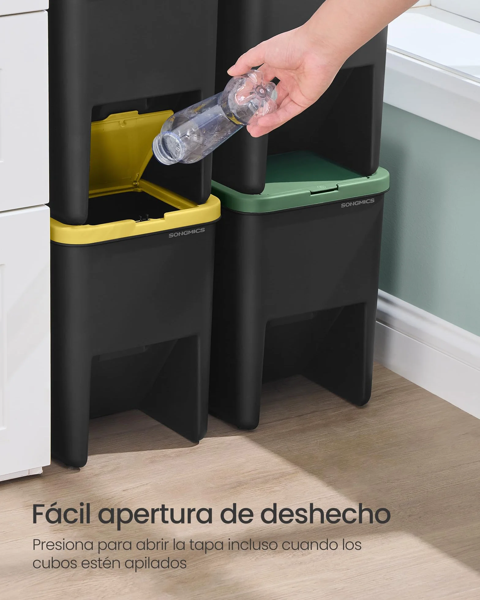 SONGMICS Cubo de Basura, Juego de 4 Cubos Apilables, Papeleras, 20 L Cada, Sistema de Separación Residuos, Tapas Apertura a Presión, Pegatinas, Almacenaje, Amarillo, Azul, Marrón y Verde LTB760BZ01