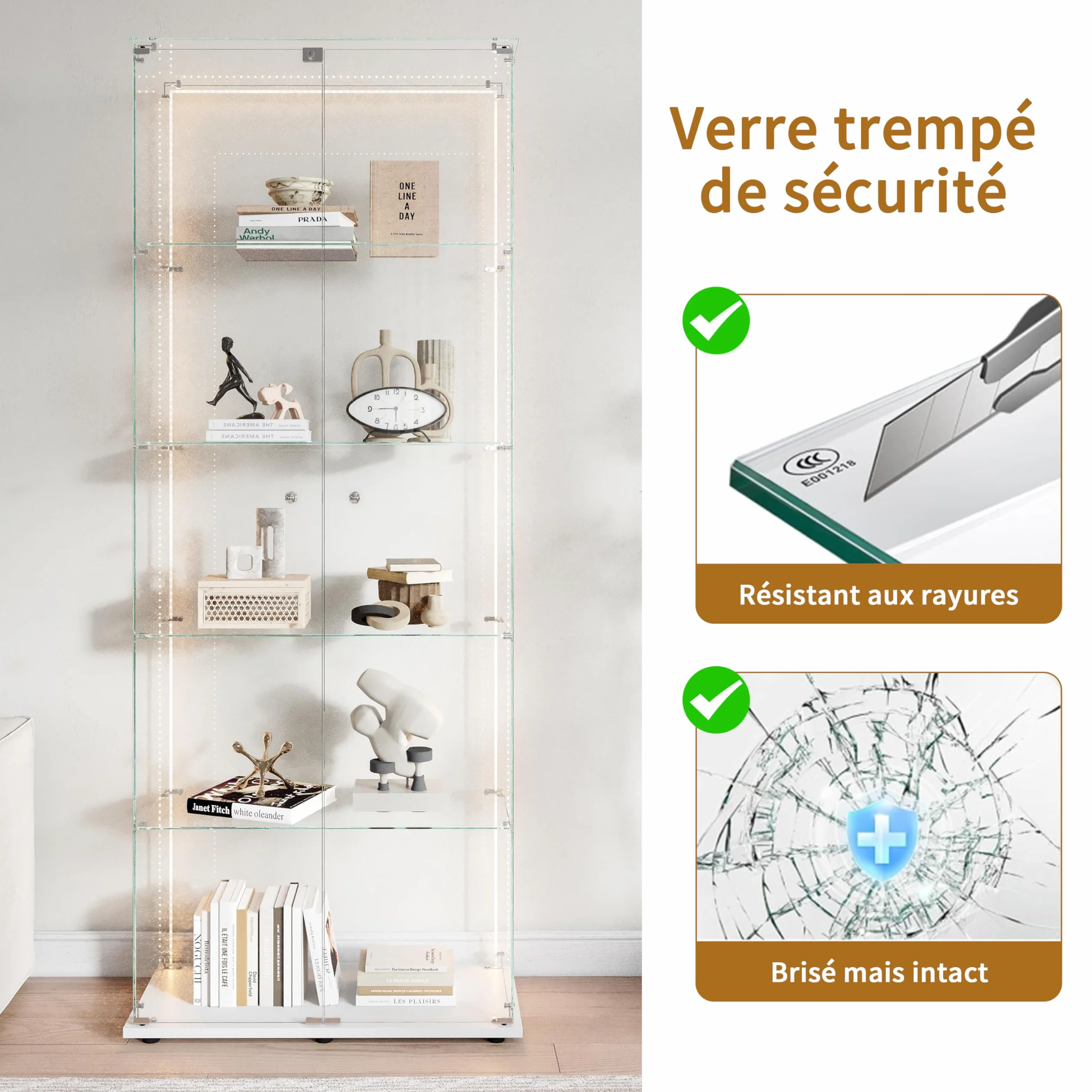 Vitrina de vidrio con 5 estantes, 2 puertas de exhibición con base de vidrio con LED y cerradura, gabinete moderno para colección de vasos, vitrina de exposición vertical para el salón (blanco-6B